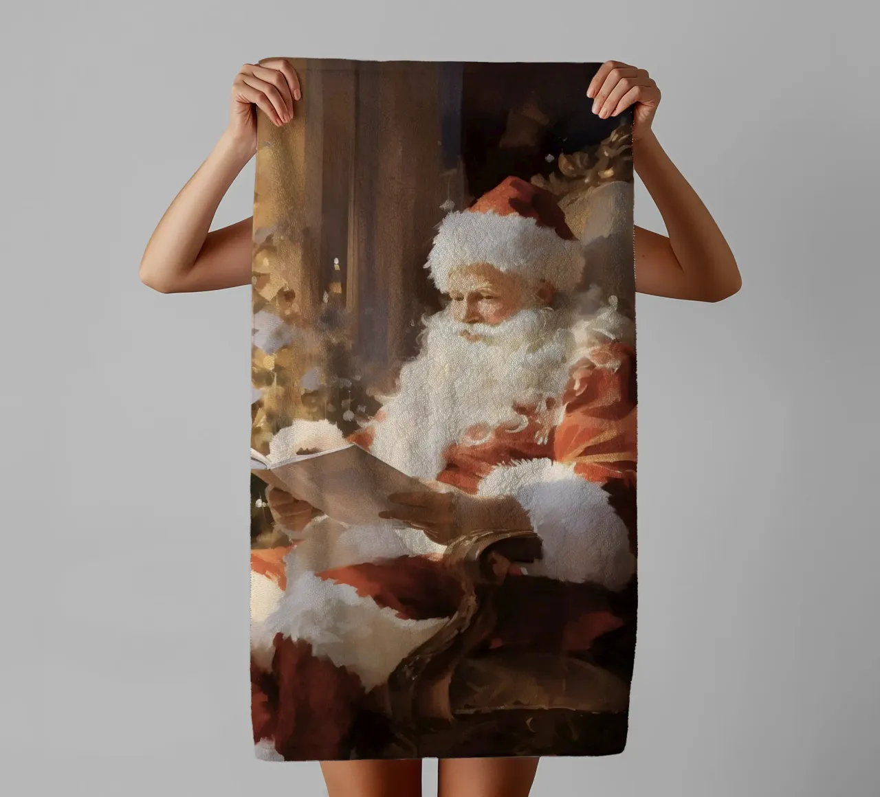 Santa Claus Reading Christmas List Art Print towel by Studio Vibe