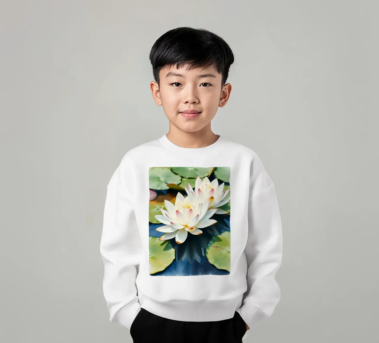 ninfee ranquil: Un sereno duetto di bianco e rosa su una b felpa bambino da Artistic-shop