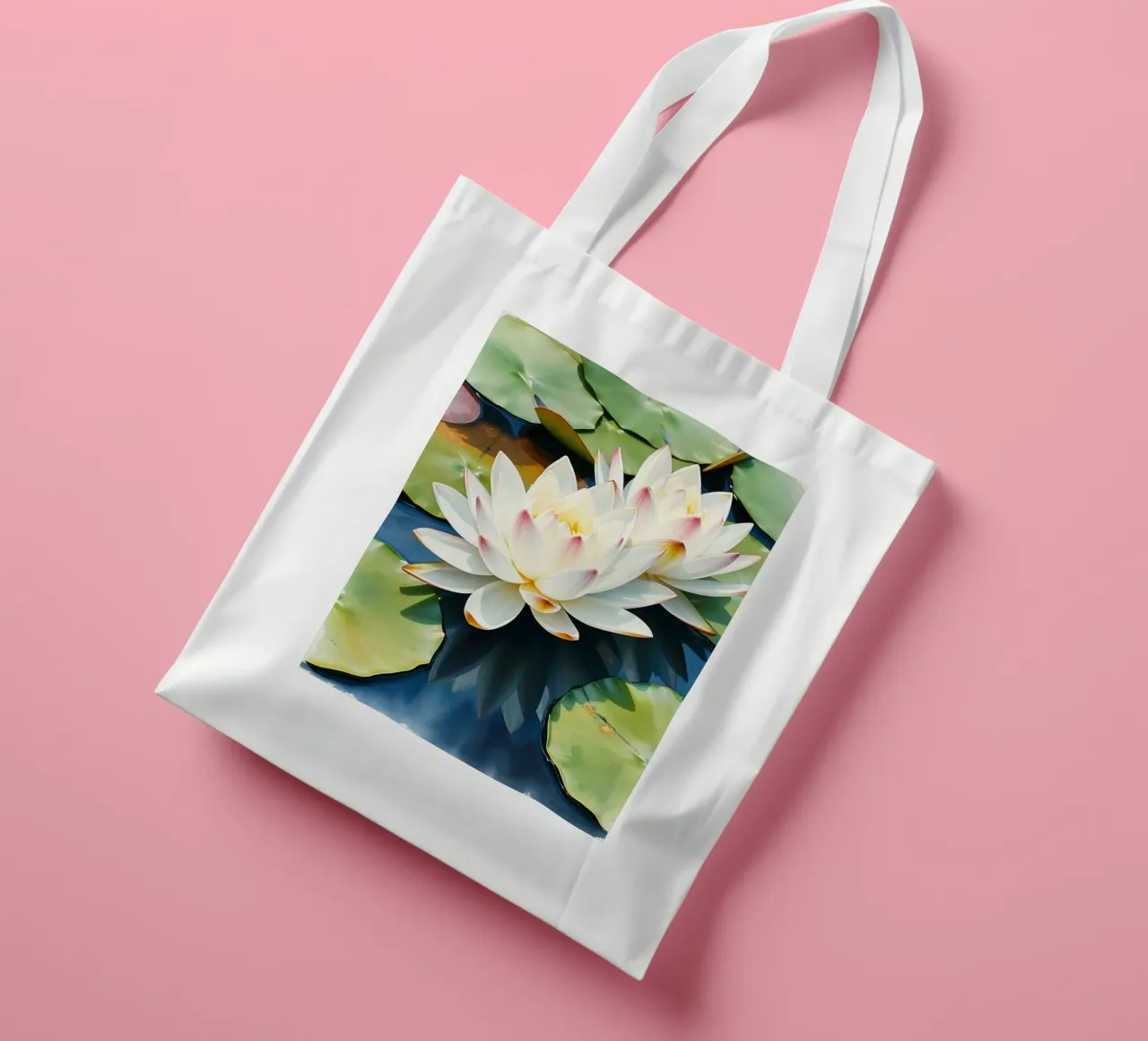 ninfee ranquil: Un sereno duetto di bianco e rosa su una b borsa in juta da Artistic-shop