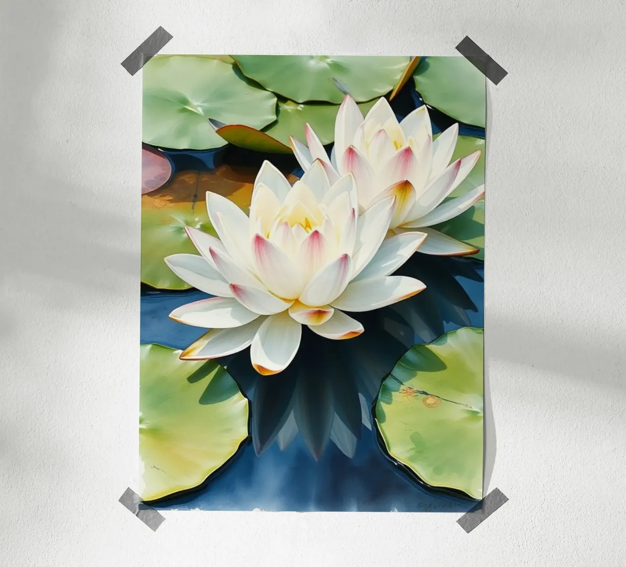 ninfee ranquil: Un sereno duetto di bianco e rosa su una b carta hahnemühle da Artistic-shop