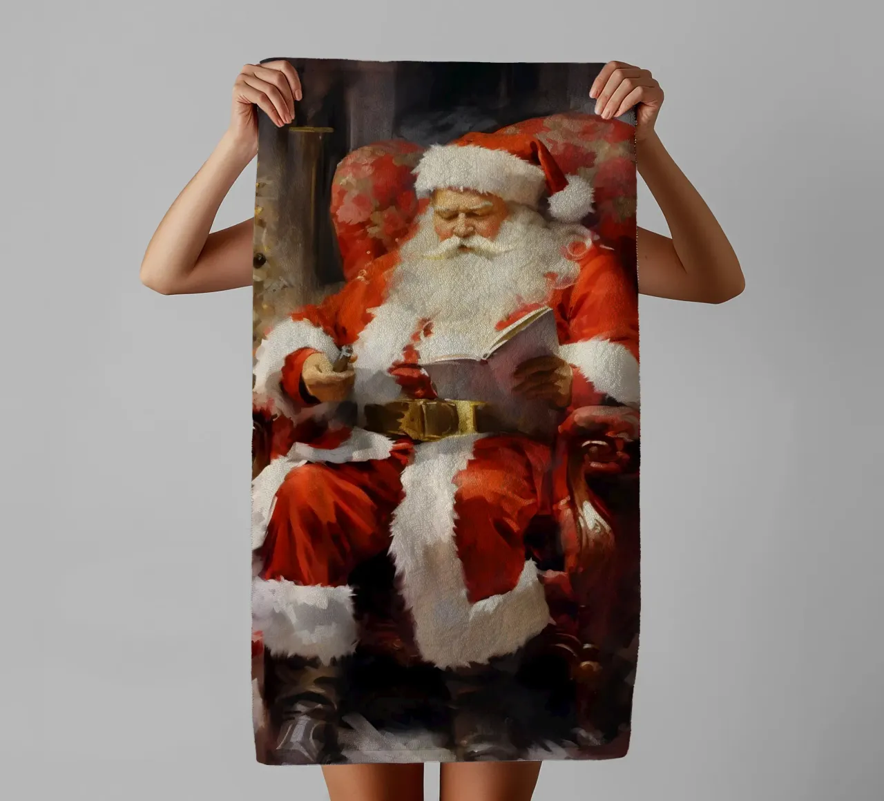 Santa Claus Reading Christmas List Art Print towel by Studio Vibe