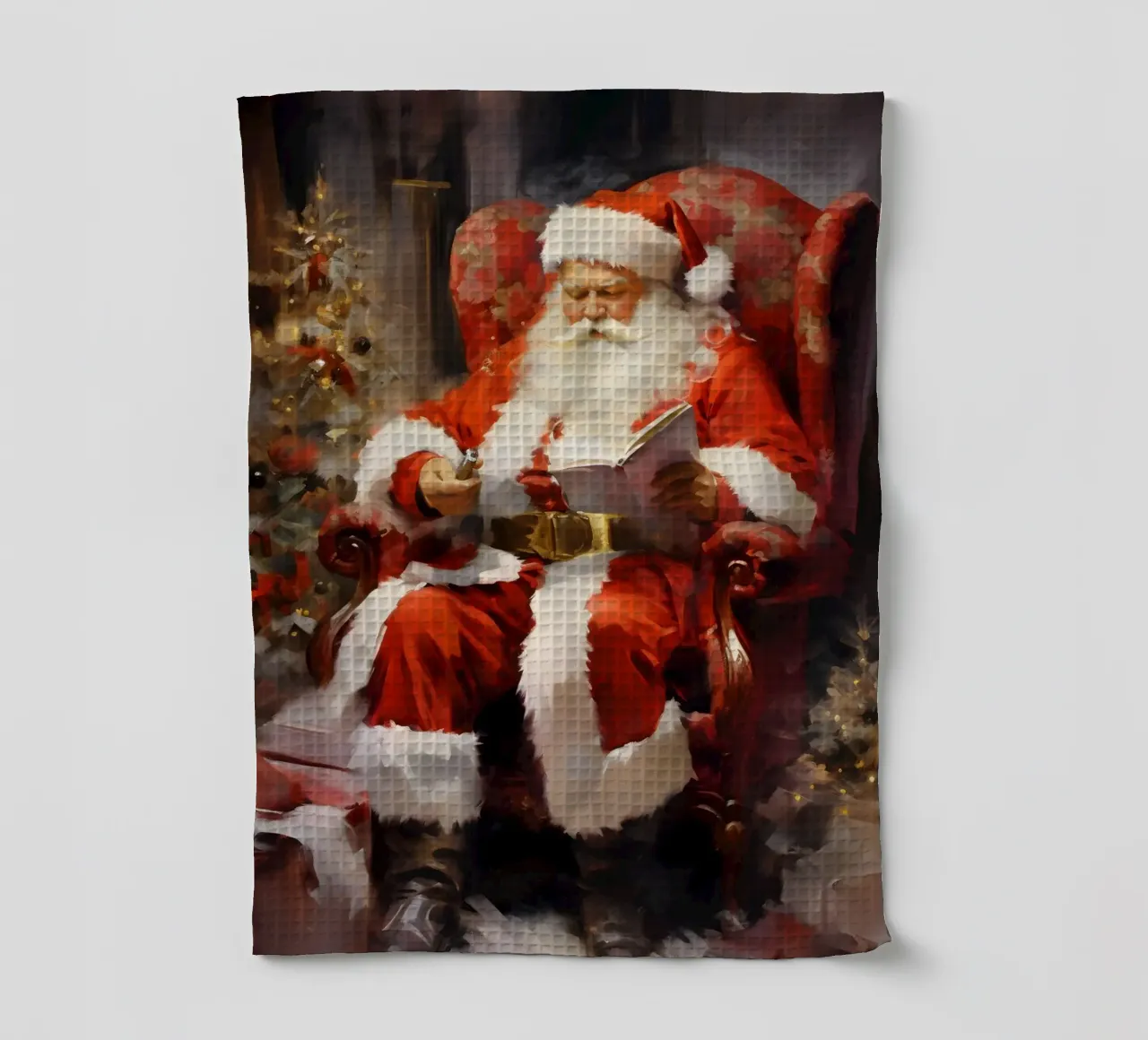 Père Noël lisant la liste de Noël Art Print torchon de Studio Vibe