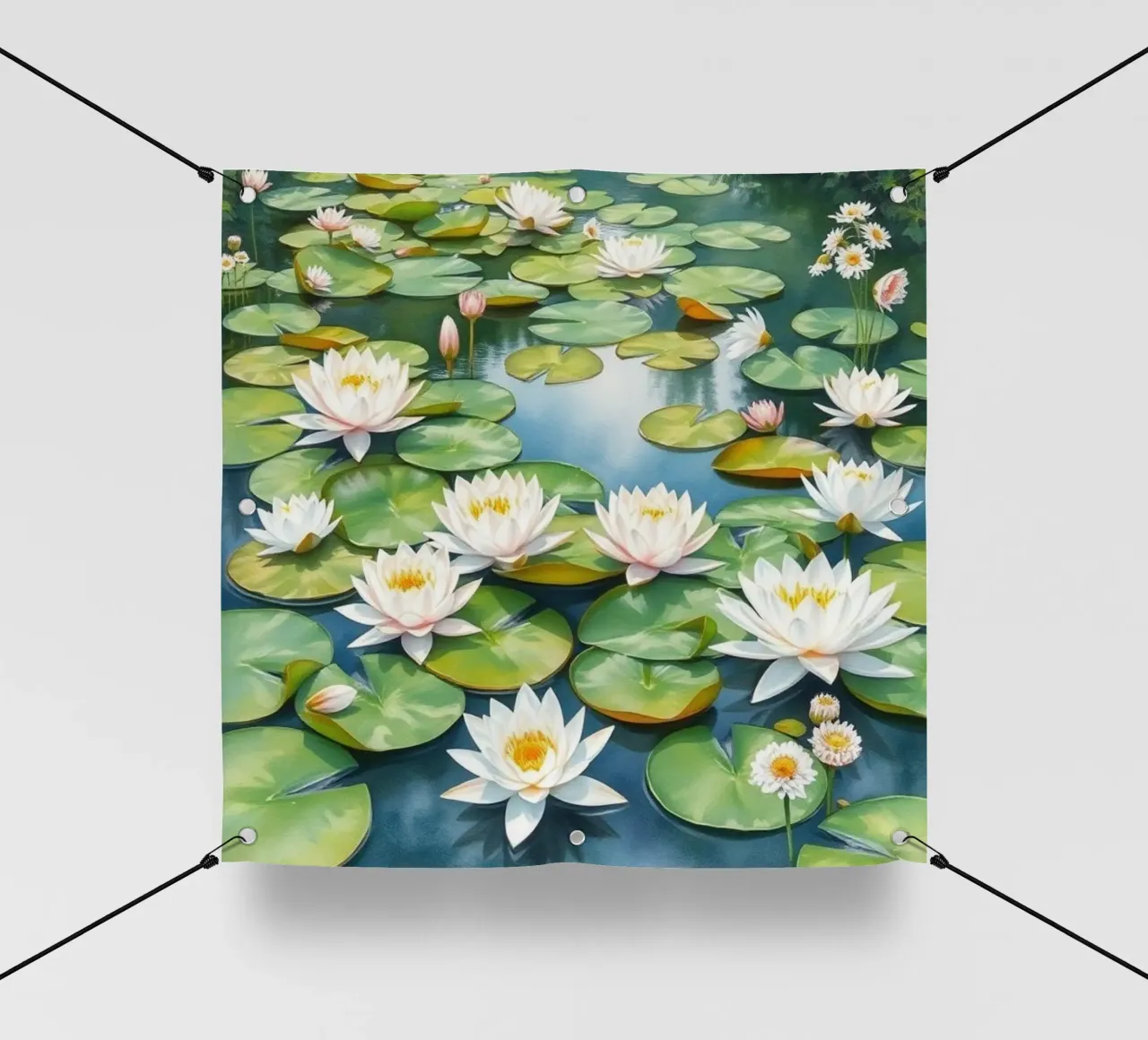 Sereno stagno di ninfee: Un'oasi scintillante di bianco e oro telo in pvc da Artistic-shop