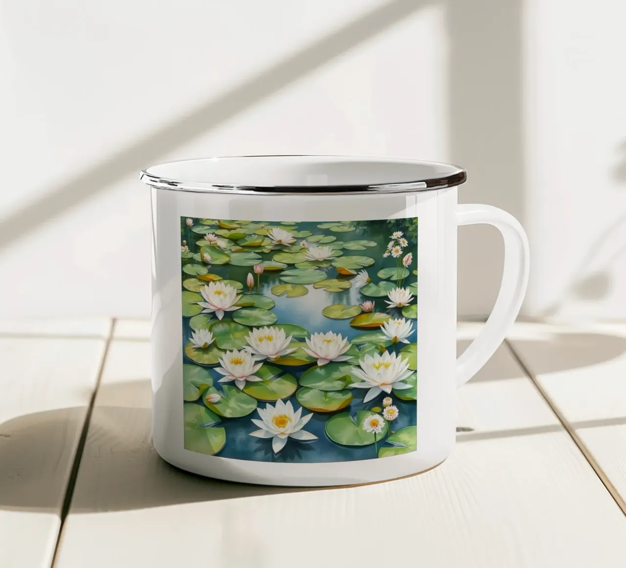 Sereno stagno di ninfee: Un'oasi scintillante di bianco e oro tazza in smalto da Artistic-shop