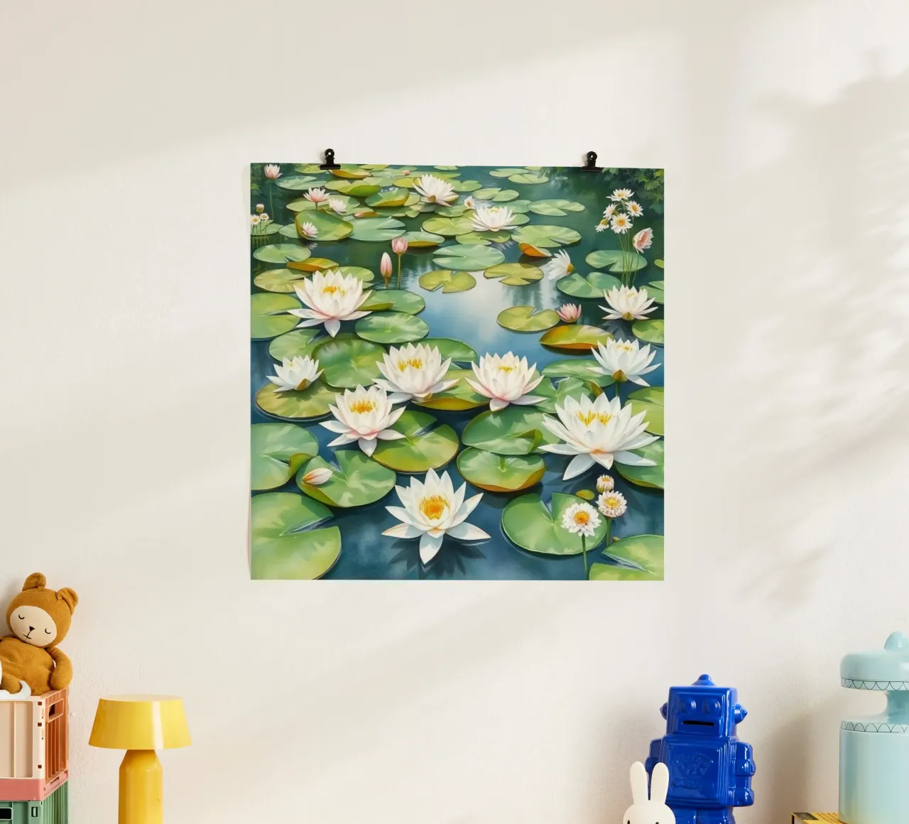 Sereno stagno di ninfee: Un'oasi scintillante di bianco e oro carta hahnemühle da Artistic-shop