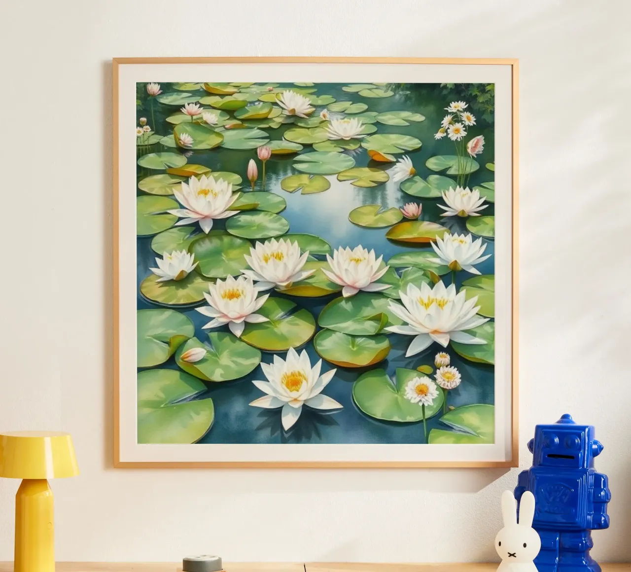 Sereno stagno di ninfee: Un'oasi scintillante di bianco e oro carta hahnemühle da Artistic-shop
