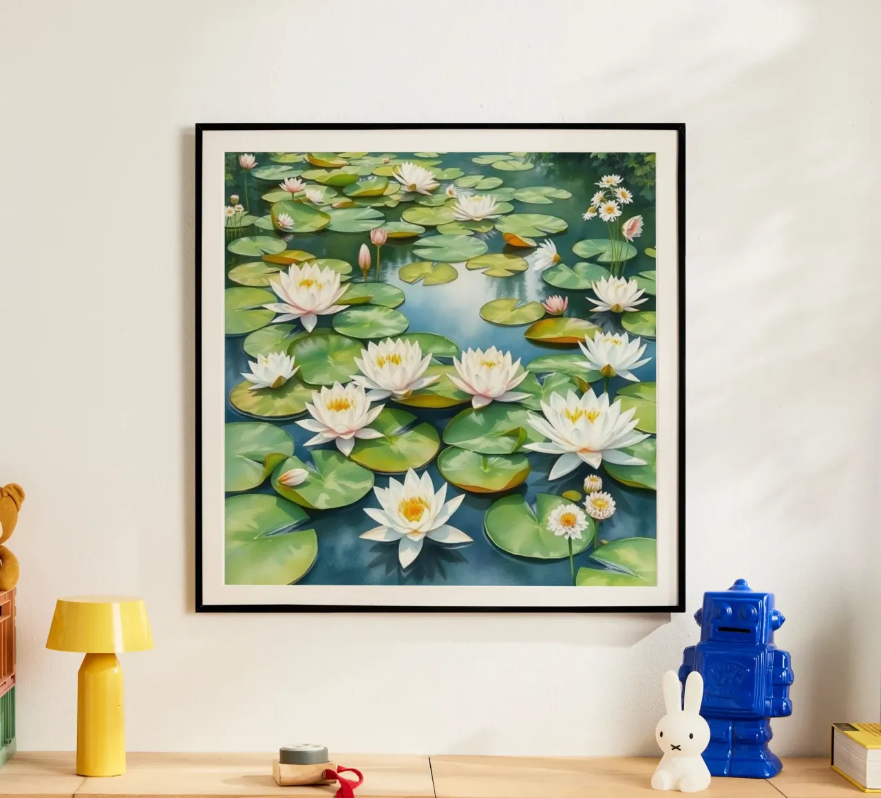 Sereno stagno di ninfee: Un'oasi scintillante di bianco e oro carta hahnemühle da Artistic-shop