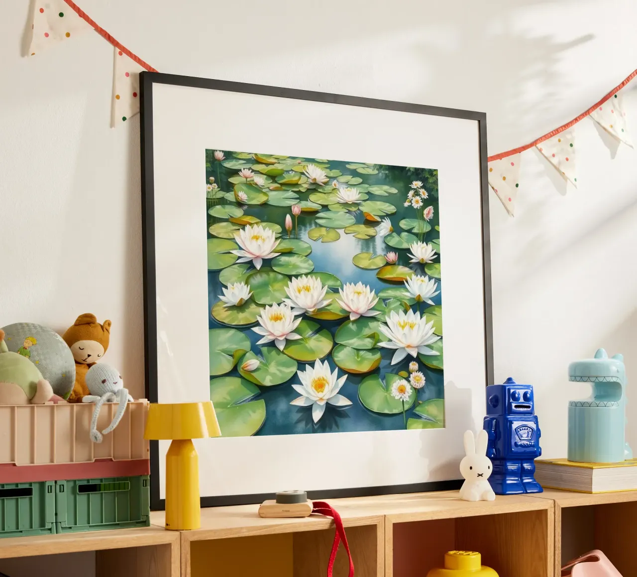 Sereno stagno di ninfee: Un'oasi scintillante di bianco e oro carta hahnemühle da Artistic-shop