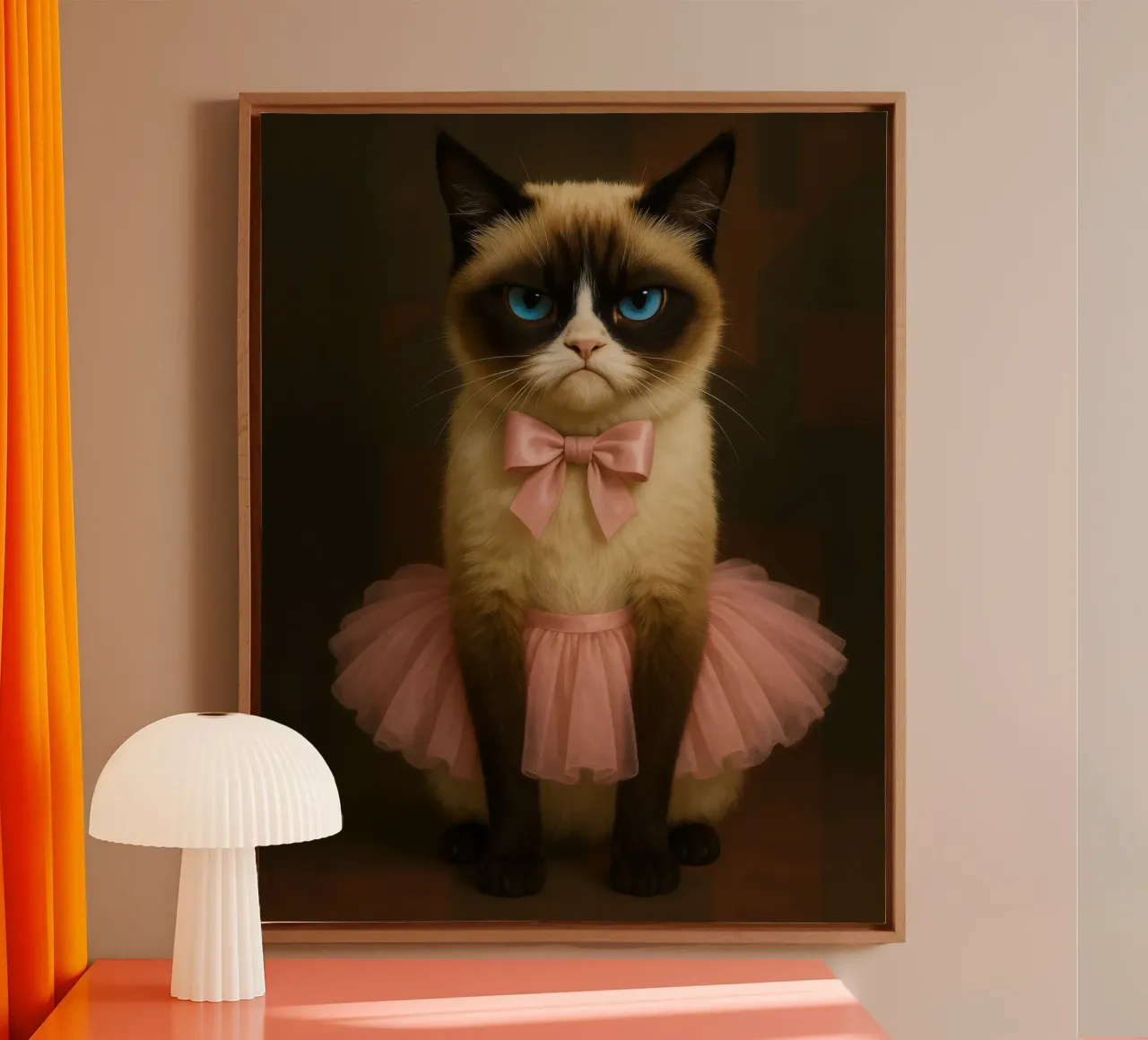Grumpy Siamese Cat in Pink Tutu tela da Elegant Absurd