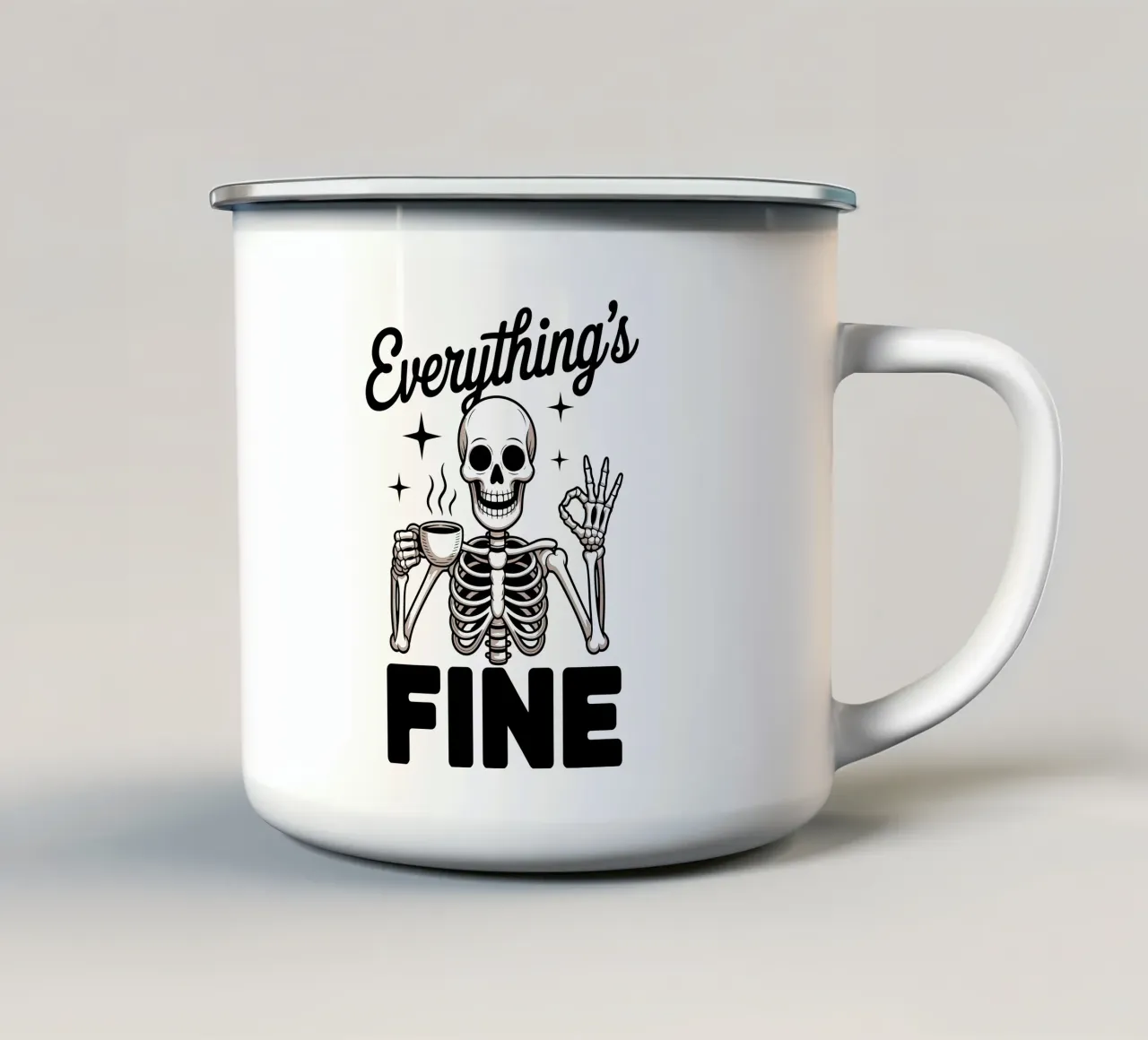 Tutto va bene - Squelette Zen et Café tazza in smalto da Plain Thoughts