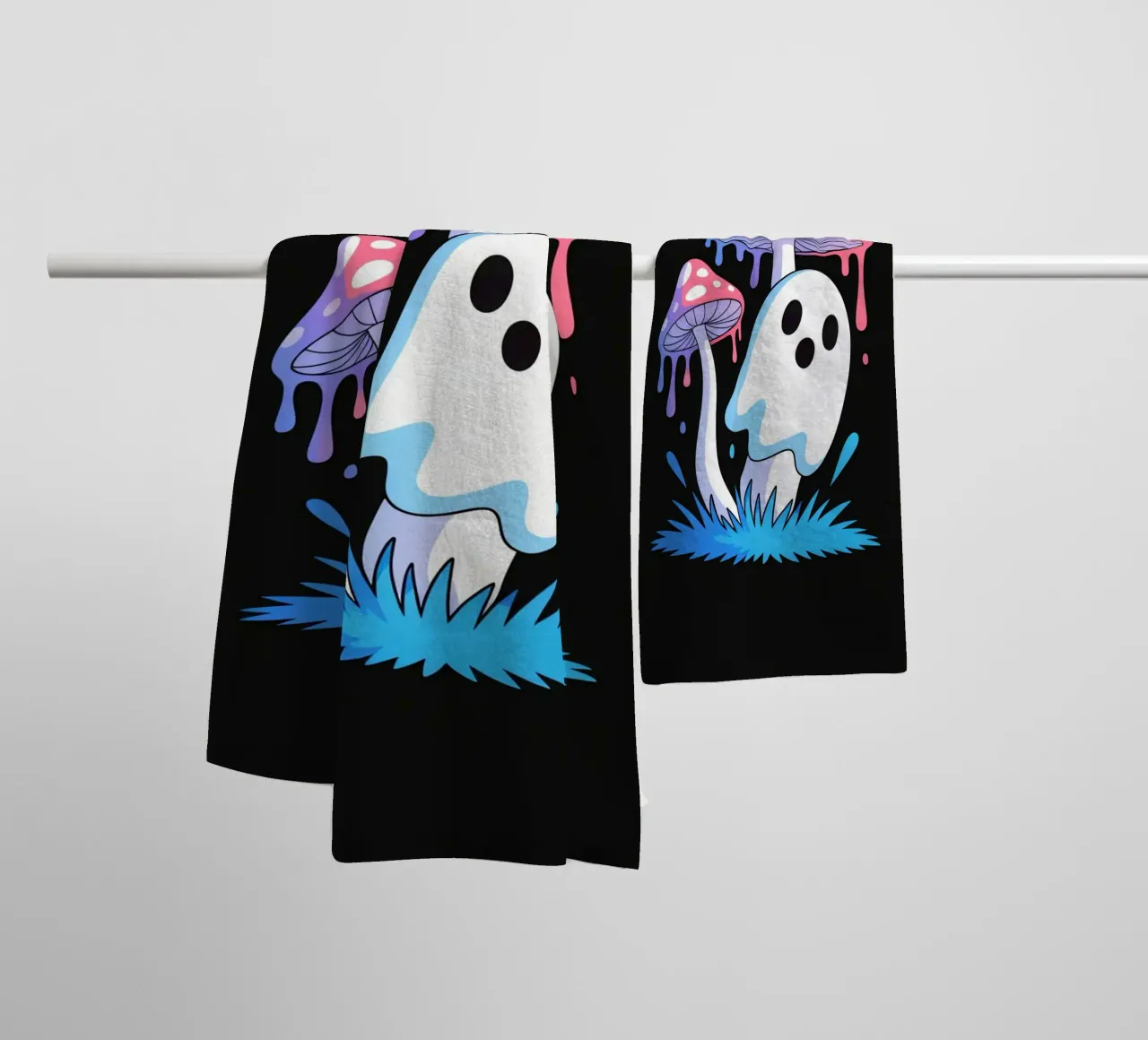 Ghost Mushrooms - Cute & Trippy Vibes towel by Plain Thoughts