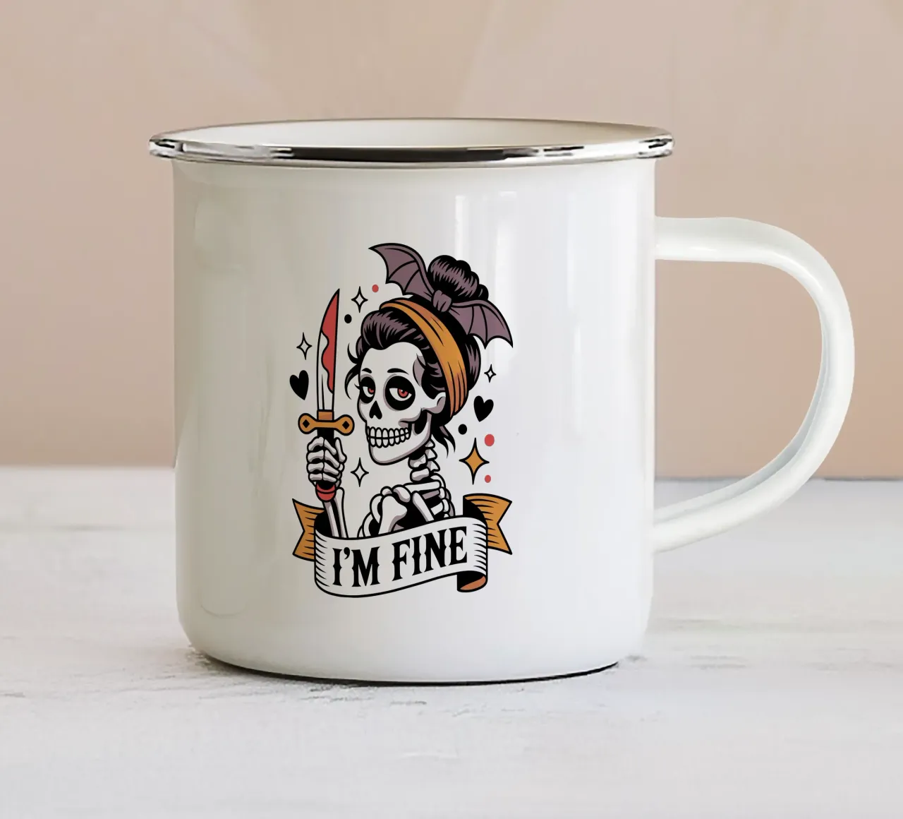 Tatuaggio ironico - Scheletro di Halloween tazza in smalto da Plain Thoughts