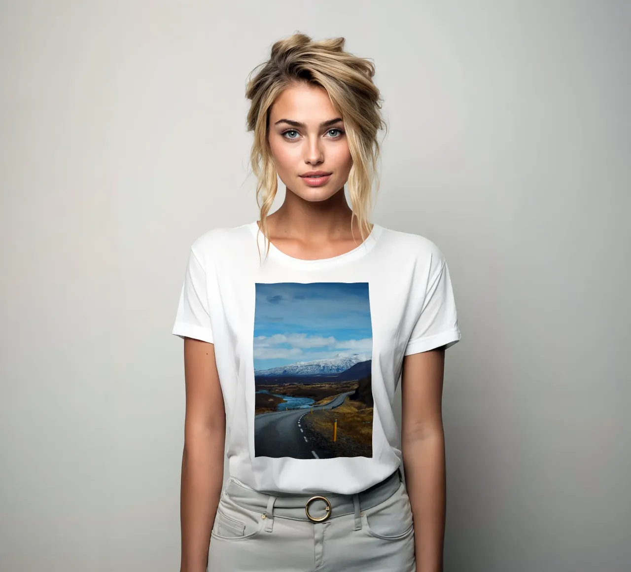 Road and snow-covered mountains in Iceland women's fitted t-shirt by Fjöllart