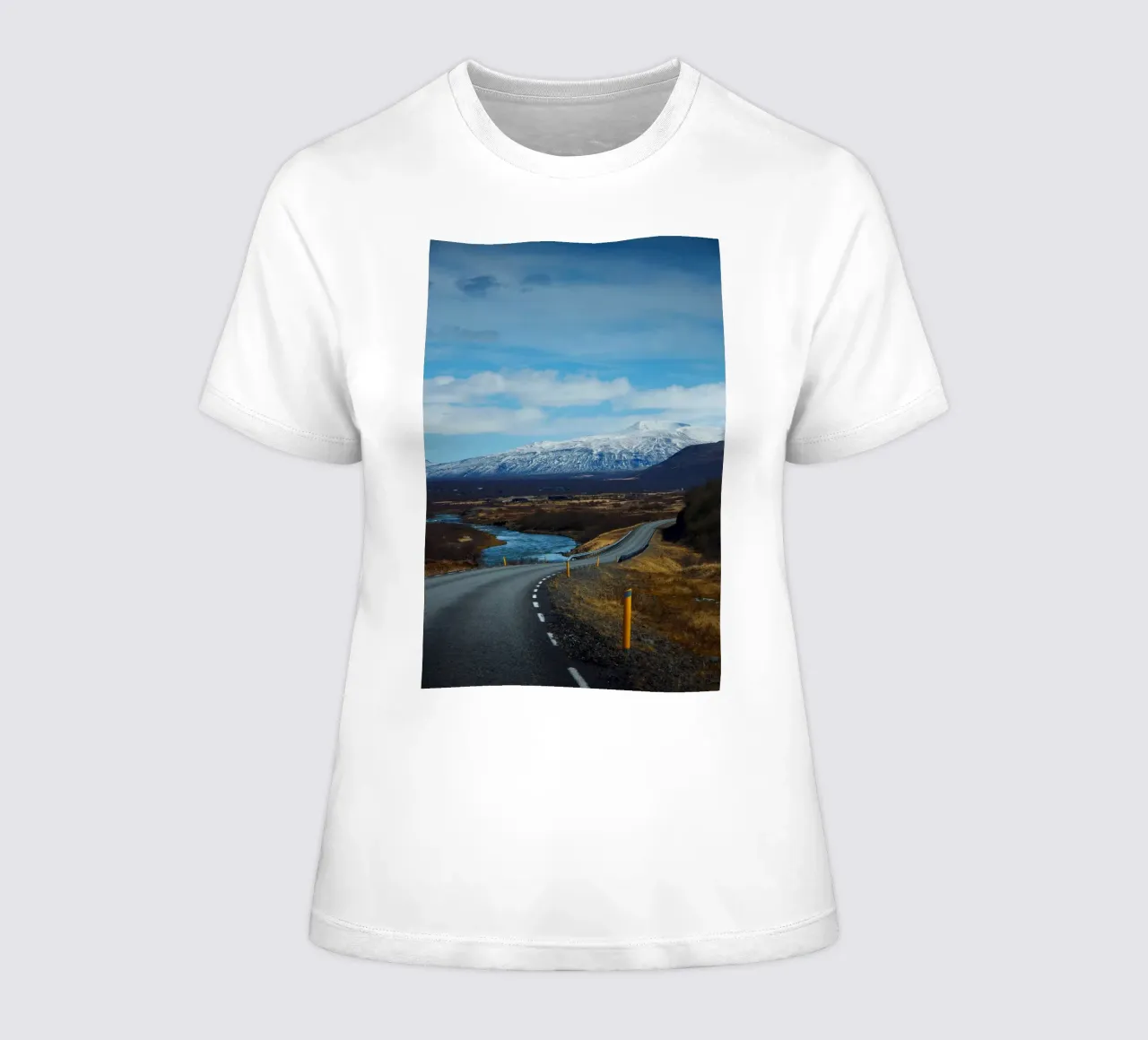 Road and snow-covered mountains in Iceland women's fitted t-shirt by Fjöllart