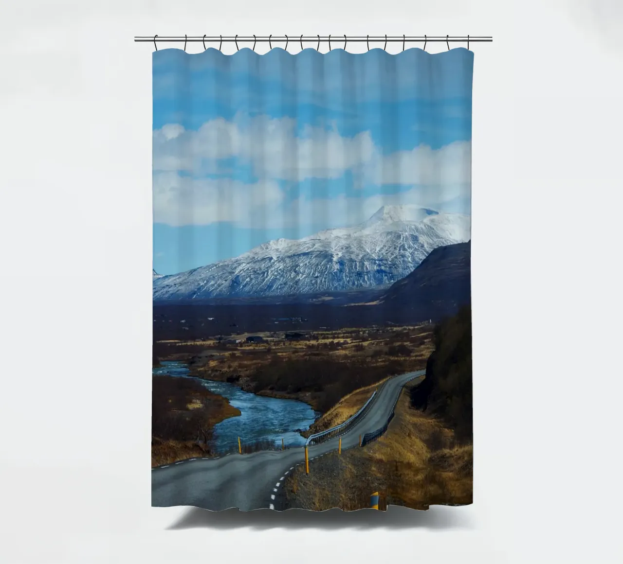 Road and snow-covered mountains in Iceland shower curtain by Fjöllart