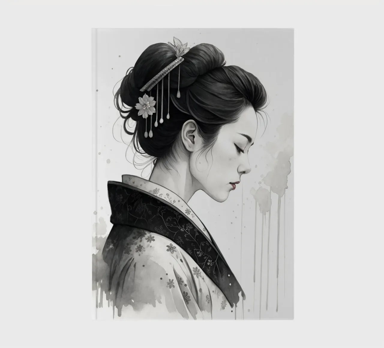 Acquerello monocromatico del profilo di una geisha | Ispirazione giapponese diario da Monochromatic Drips