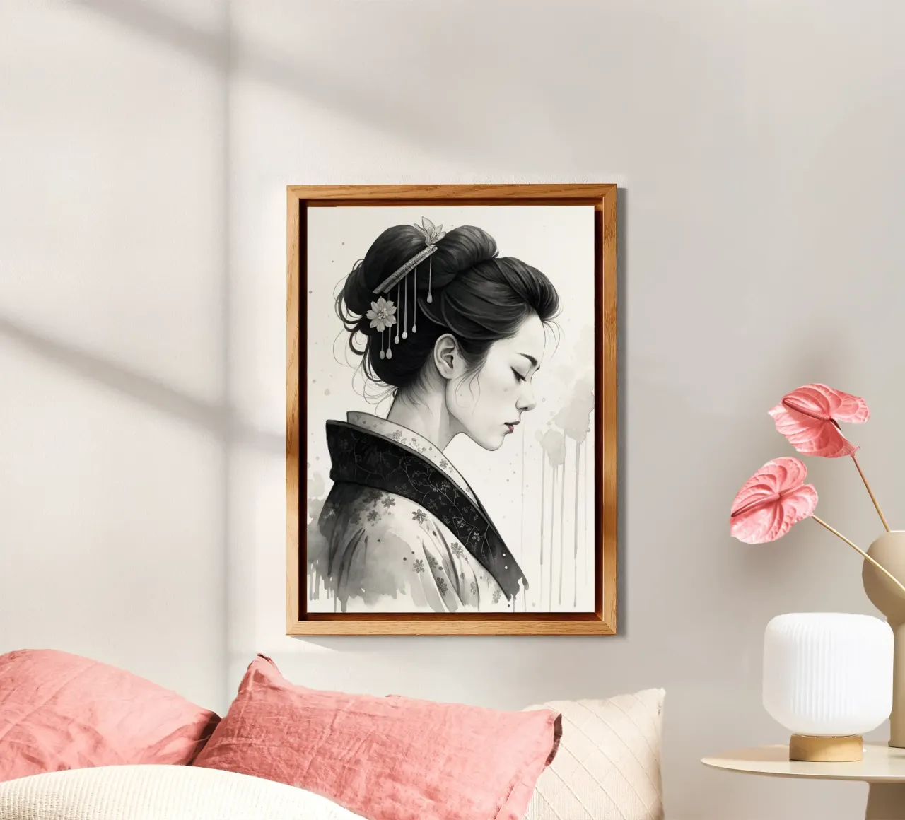 Acquerello monocromatico del profilo di una geisha | Ispirazione giapponese alluminio dibond da Monochromatic Drips