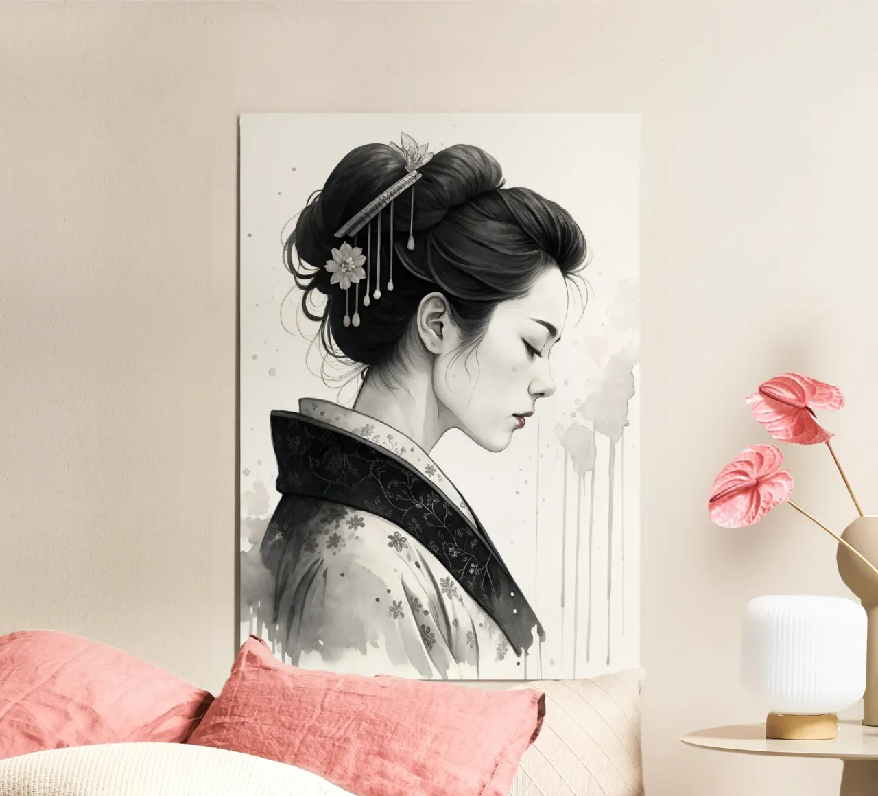Acquerello monocromatico del profilo di una geisha | Ispirazione giapponese alluminio dibond da Monochromatic Drips