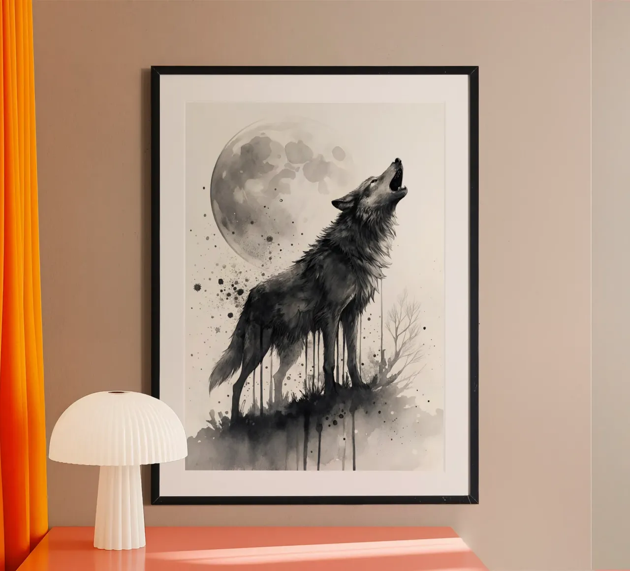 Lone Wolf Howling at Moon Watercolor Print | Monochromatic carta hahnemühle da Monochromatic Drips