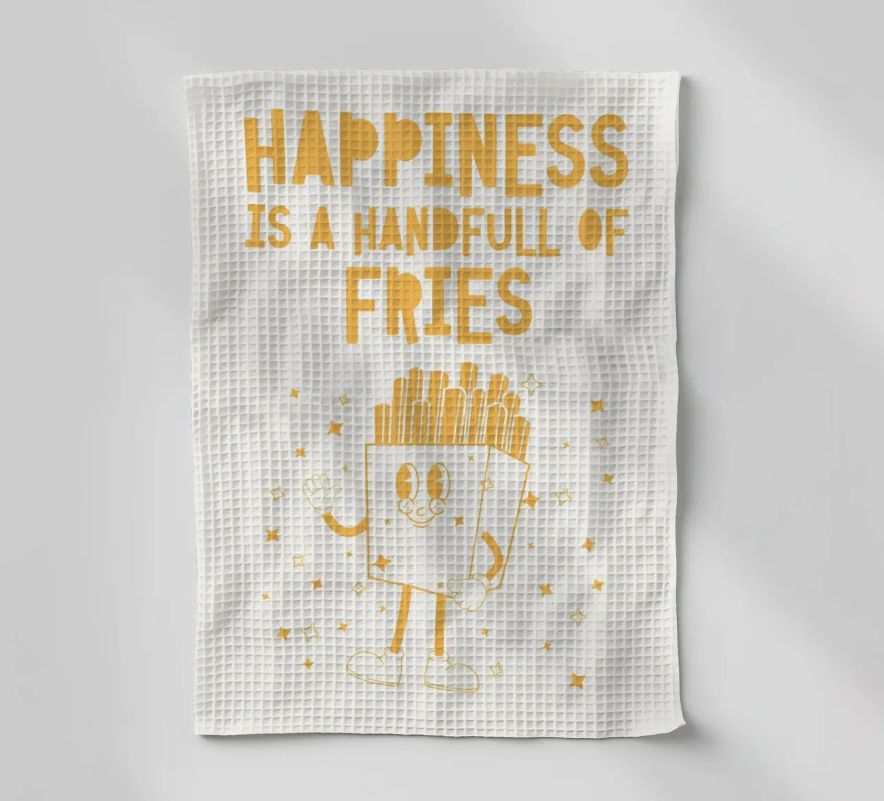 Retro Fries Character Happiness Yellow White tea towel by Studio Frances M