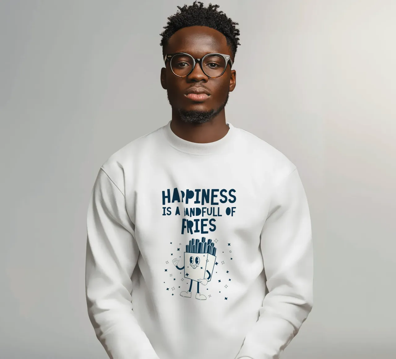 Carácter retro de las patatas fritas Felicidad Azul Blanco sudadera de Studio Frances M