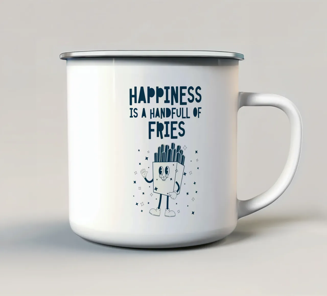 Personaggio retrò delle patatine fritte Felicità Blu Bianco tazza in smalto da Studio Frances M