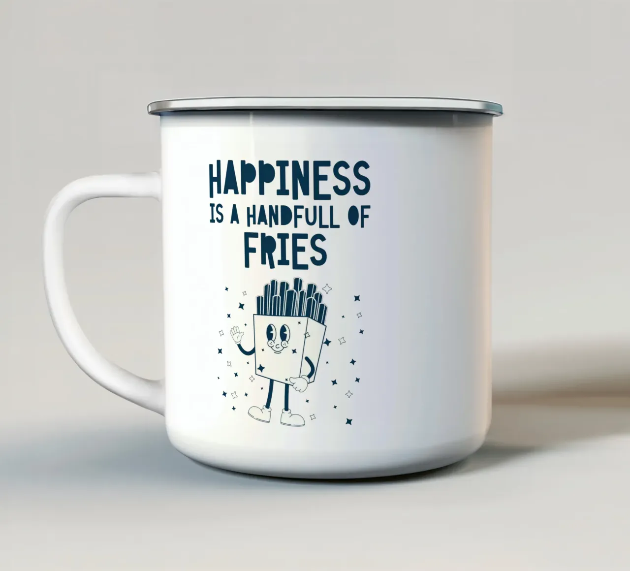 Personaggio retrò delle patatine fritte Felicità Blu Bianco tazza in smalto da Studio Frances M