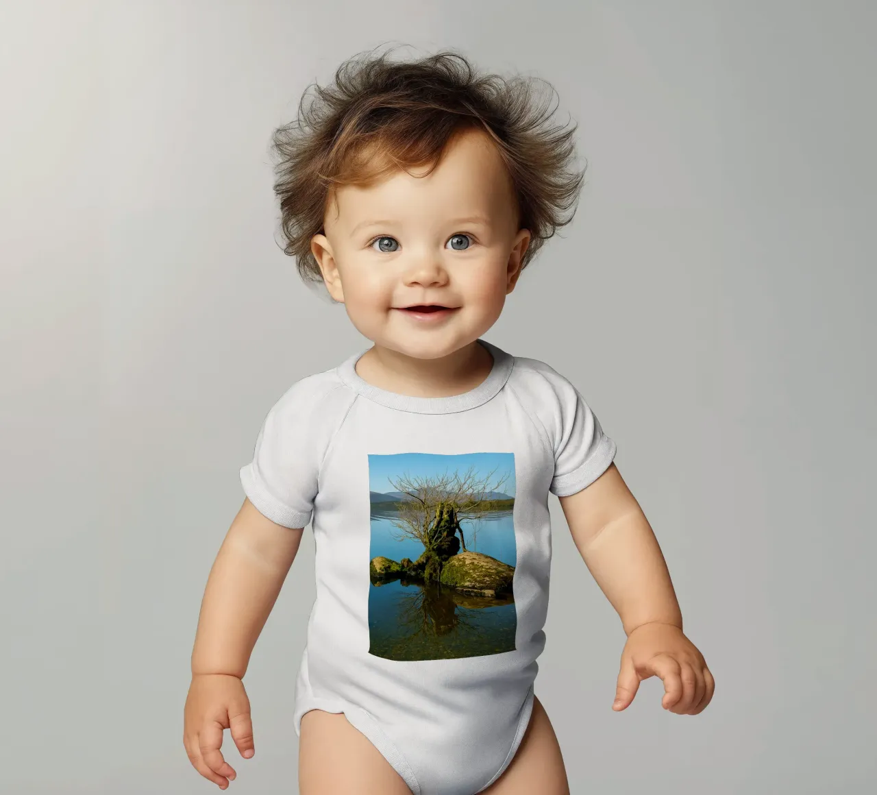 dry tree in the middle of lake short-sleeve baby romper by tamarind