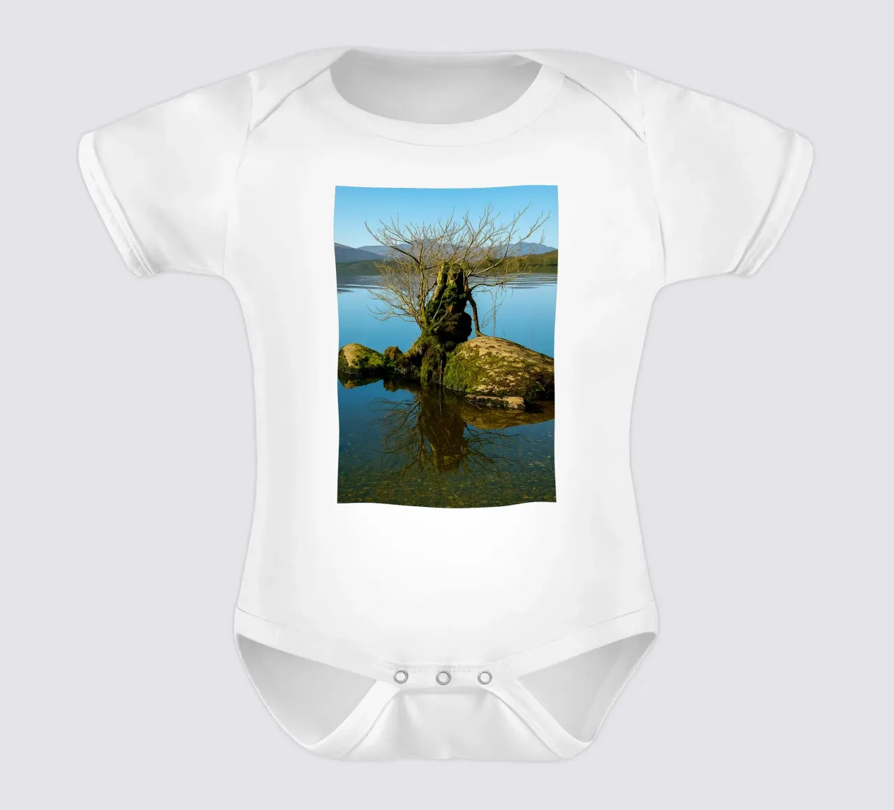 dry tree in the middle of lake short-sleeve baby romper by tamarind