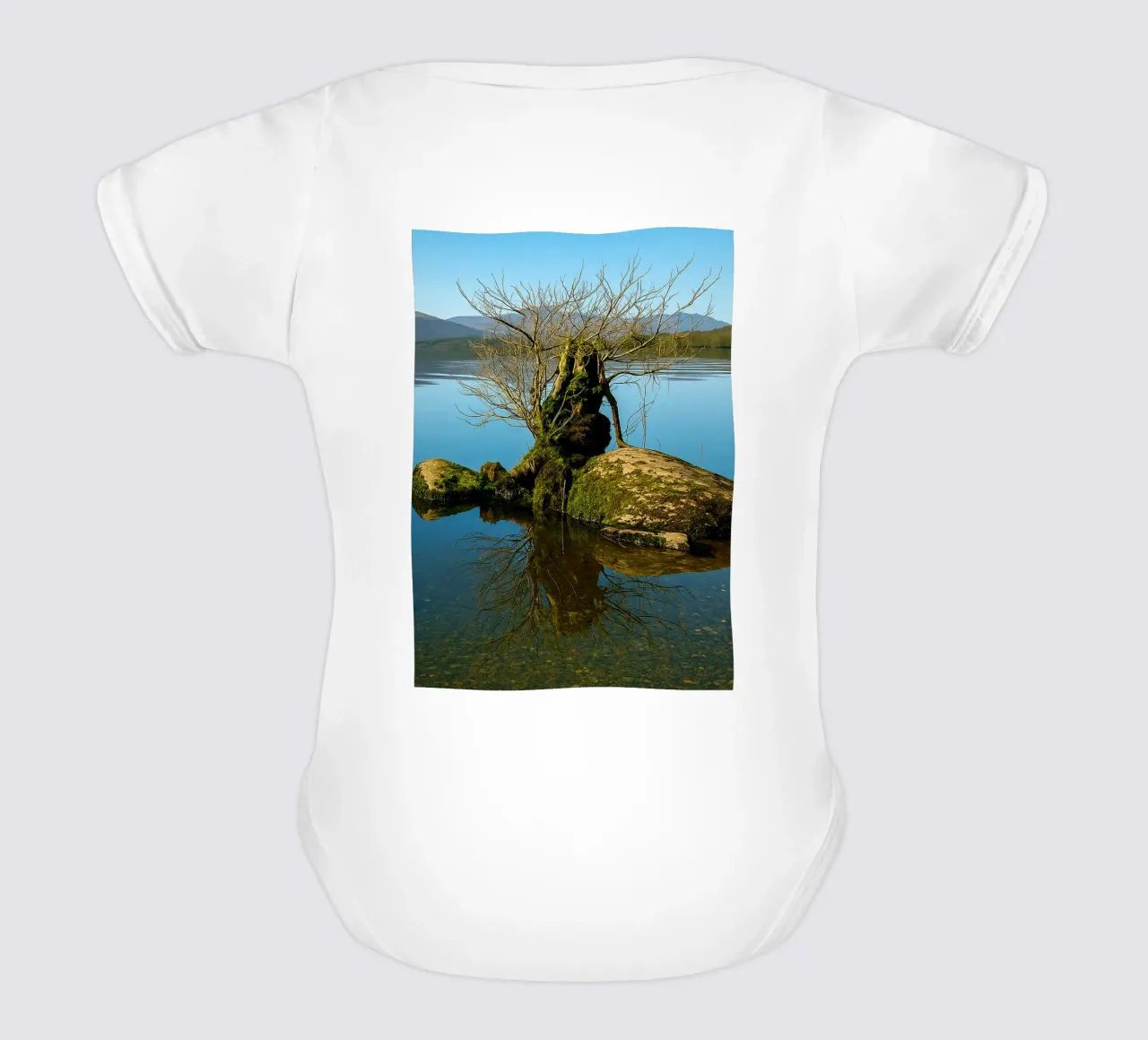 dry tree in the middle of lake short-sleeve baby romper by tamarind