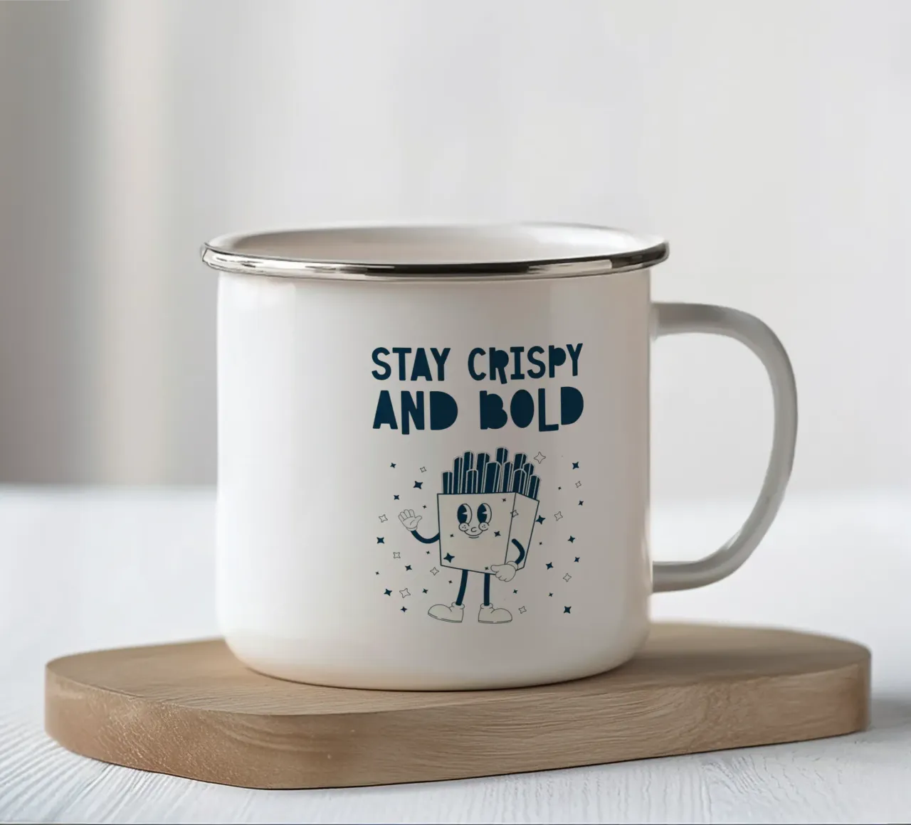 Retro Frietjes Karakter Blijf Knapperig En Vet Blauw Wit emaille mok van Studio Frances M