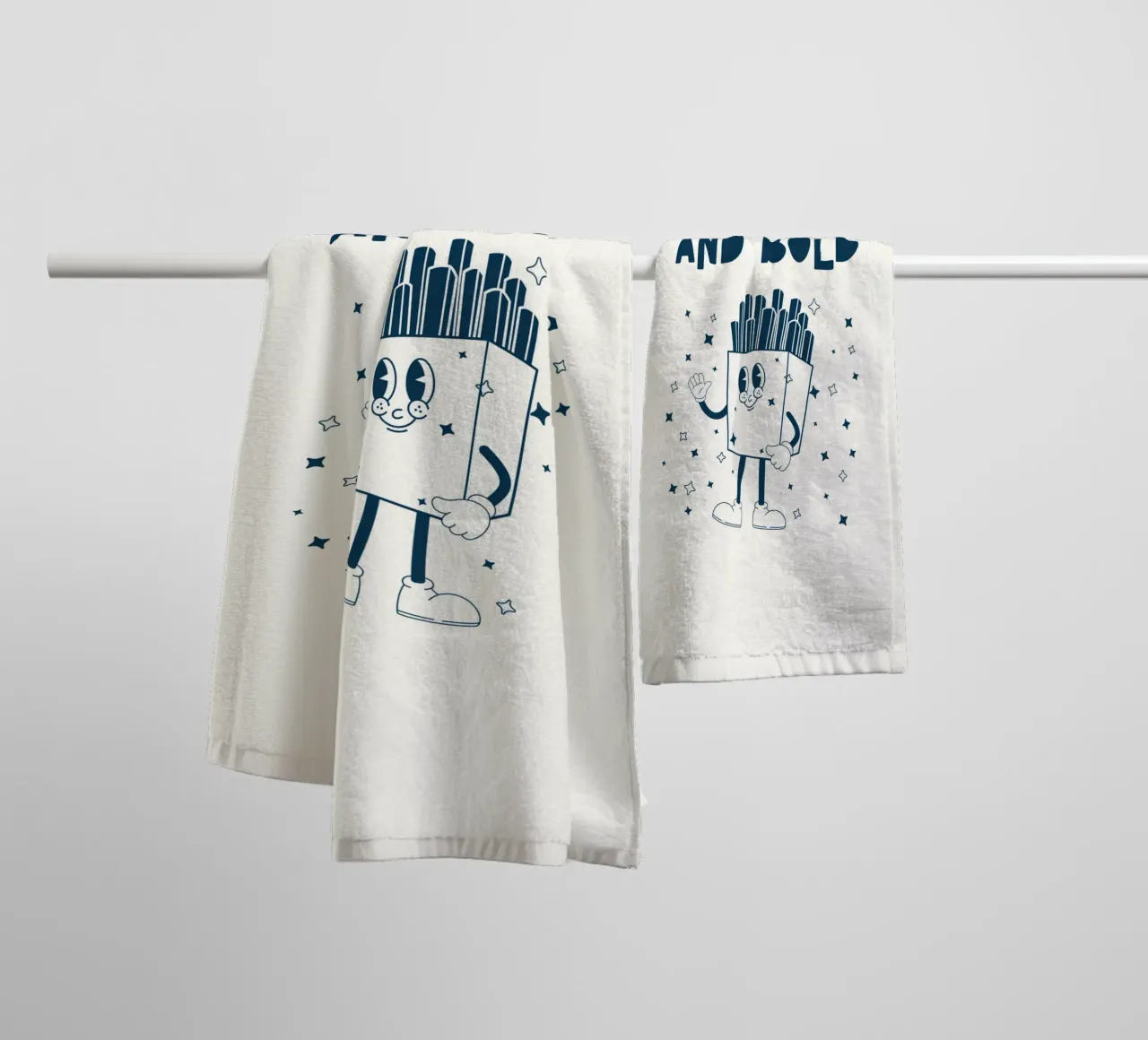 Retro Frietjes Karakter Blijf Knapperig En Vet Blauw Wit badhanddoek van Studio Frances M