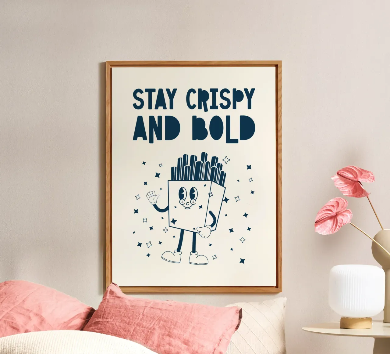 Retro Pommes Charakter Stay Crispy And Bold Blau Weiß Alu-Dibond von Studio Frances M