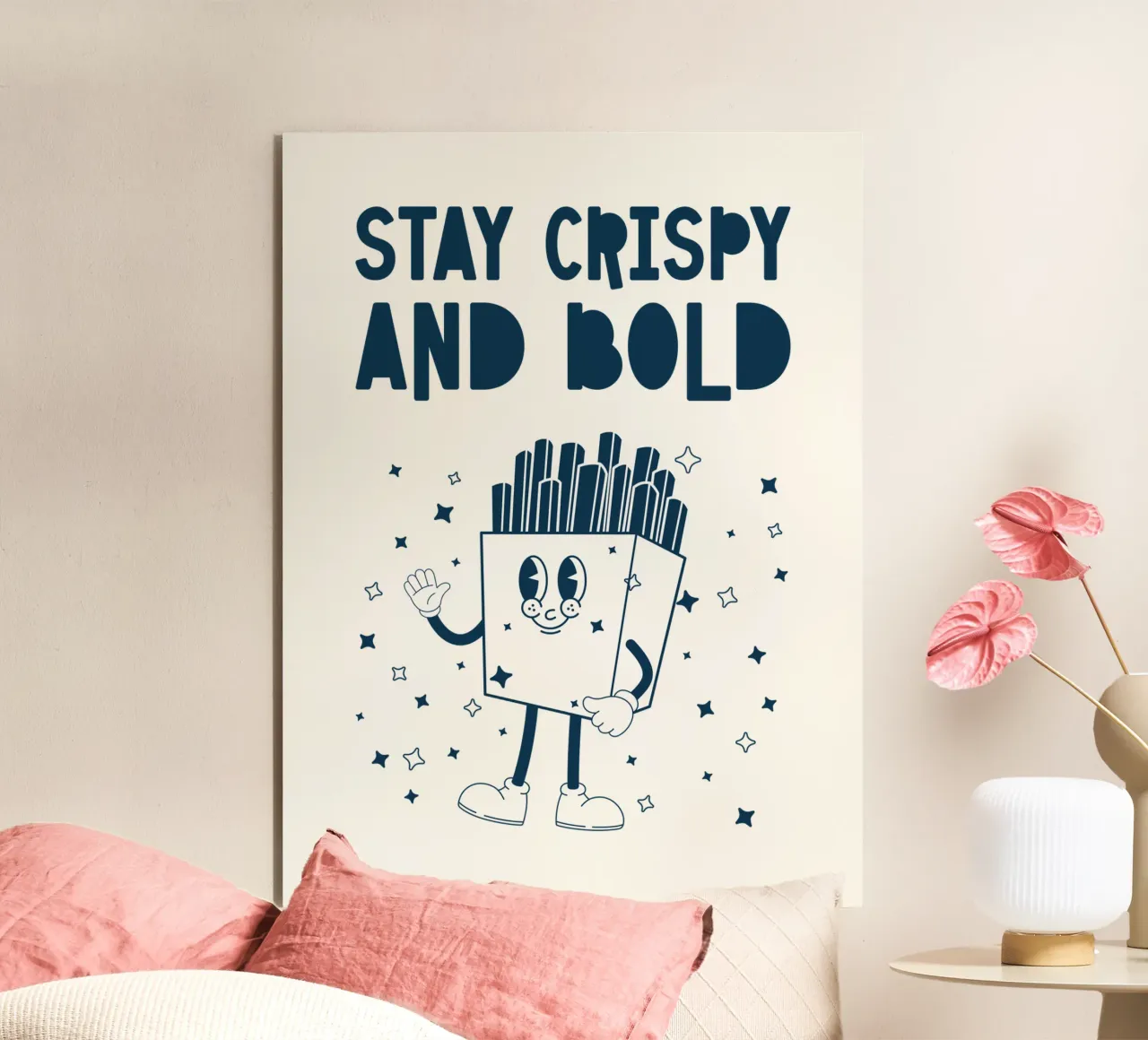 Retro Pommes Charakter Stay Crispy And Bold Blau Weiß Alu-Dibond von Studio Frances M