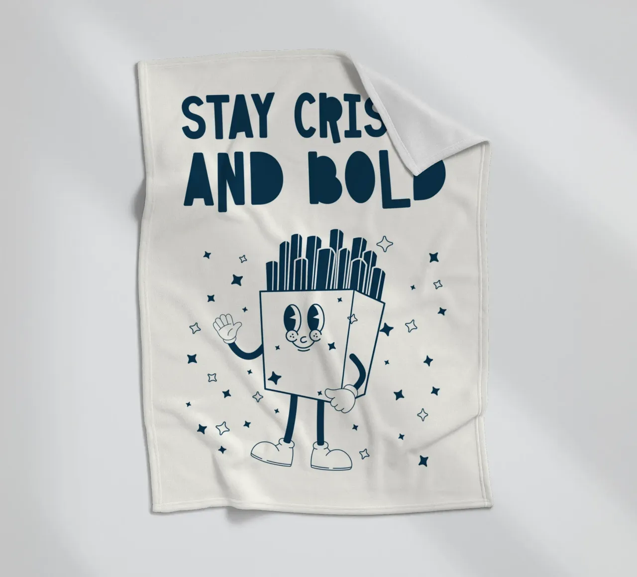 Retro Pommes Charakter Stay Crispy And Bold Blau Weiß Fleecedecke von Studio Frances M