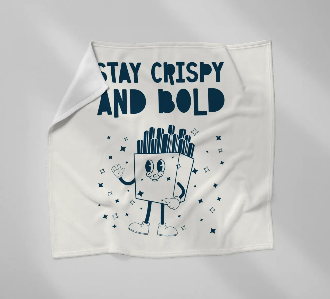 Retro Pommes Charakter Stay Crispy And Bold Blau Weiß Fleecedecke von Studio Frances M