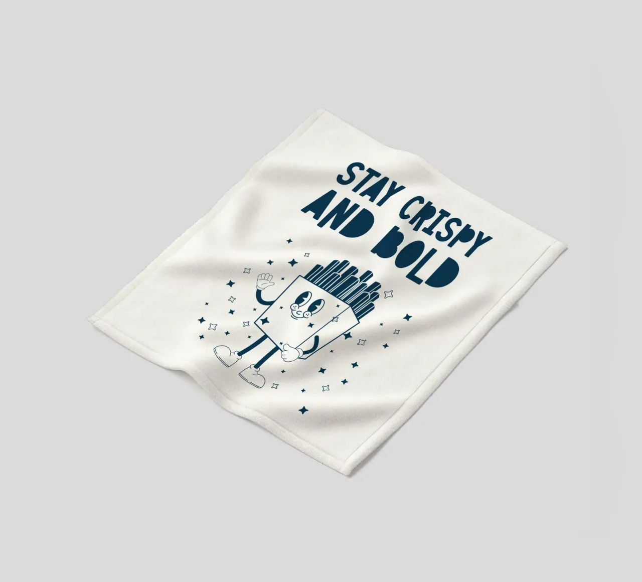 Retro Pommes Charakter Stay Crispy And Bold Blau Weiß Fleecedecke von Studio Frances M