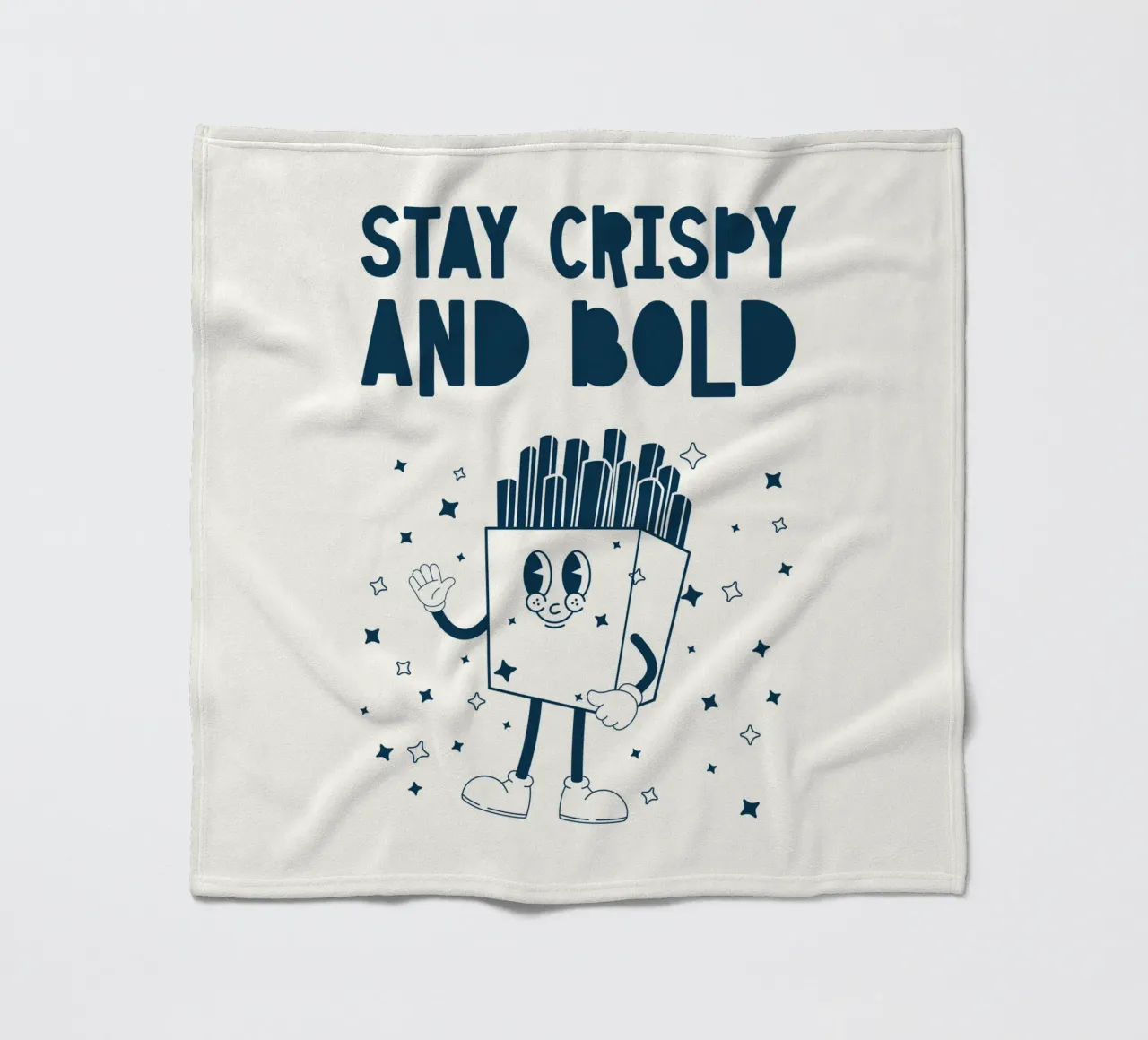 Retro Pommes Charakter Stay Crispy And Bold Blau Weiß Fleecedecke von Studio Frances M