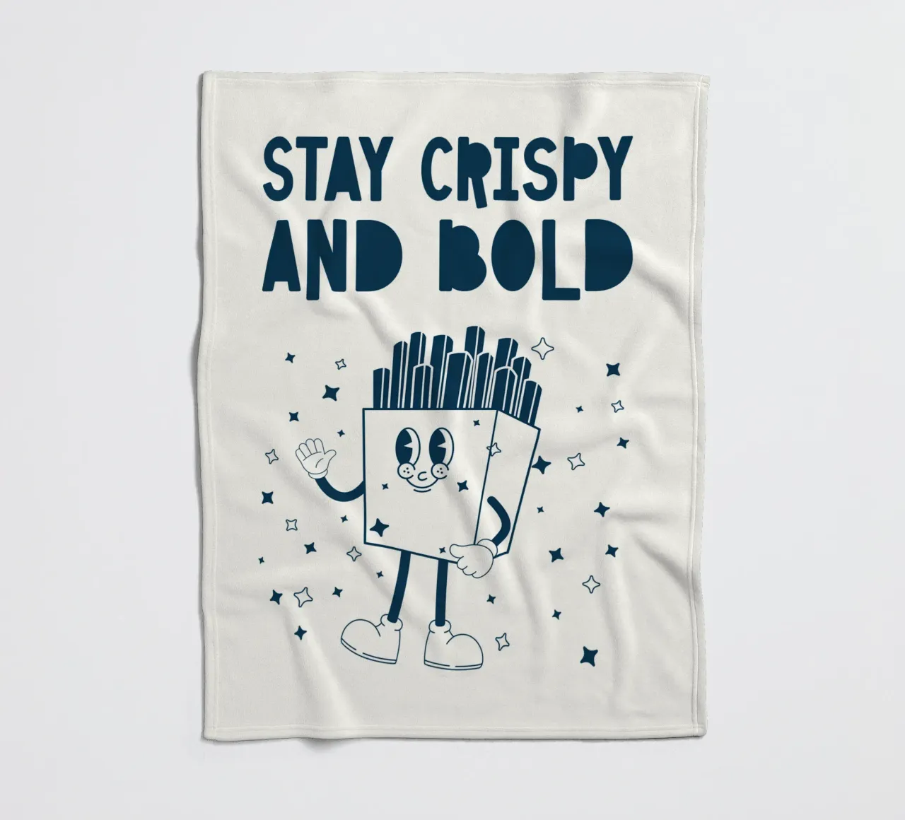 Retro Pommes Charakter Stay Crispy And Bold Blau Weiß Fleecedecke von Studio Frances M