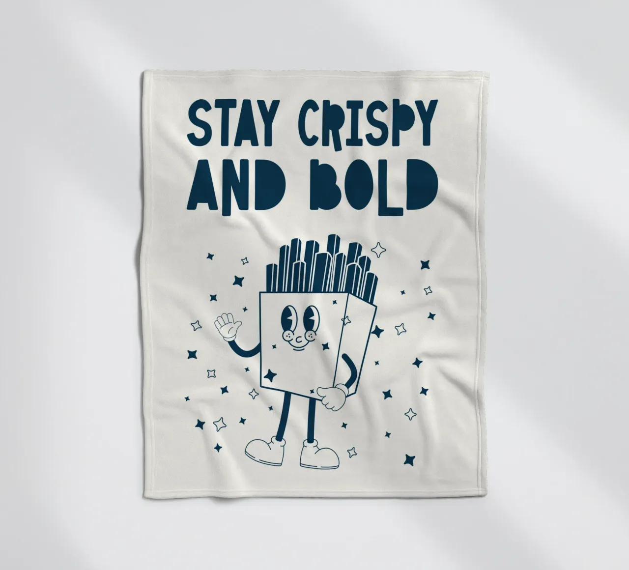 Retro Pommes Charakter Stay Crispy And Bold Blau Weiß Fleecedecke von Studio Frances M