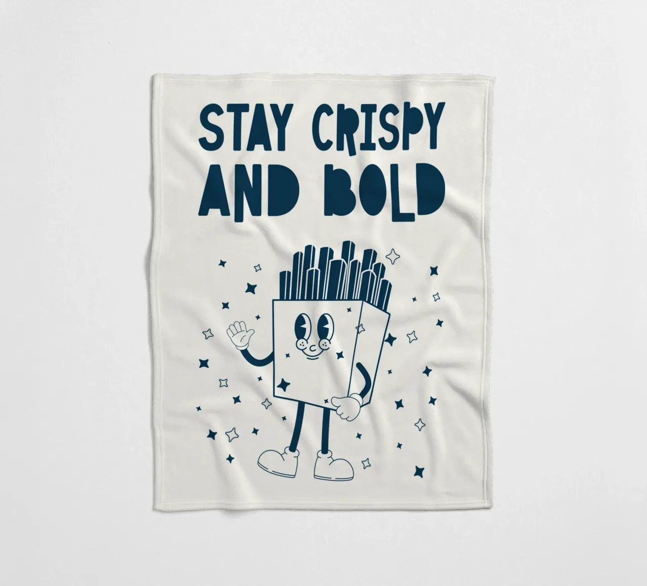 Retro Pommes Charakter Stay Crispy And Bold Blau Weiß Fleecedecke von Studio Frances M