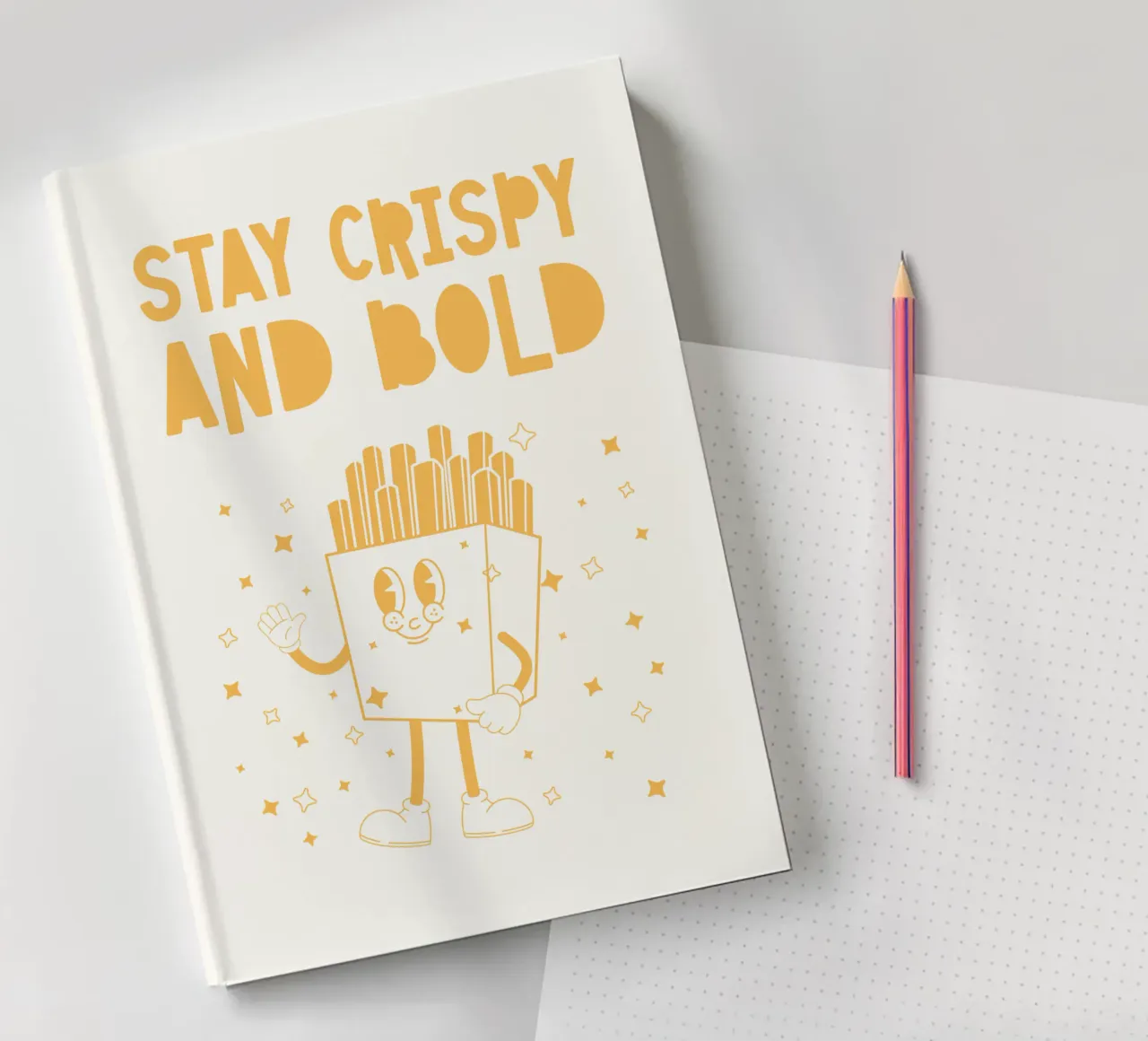 Retro Pommes Charakter Stay Crispy And Bold Gelb Weiß Notizbuch von Studio Frances M