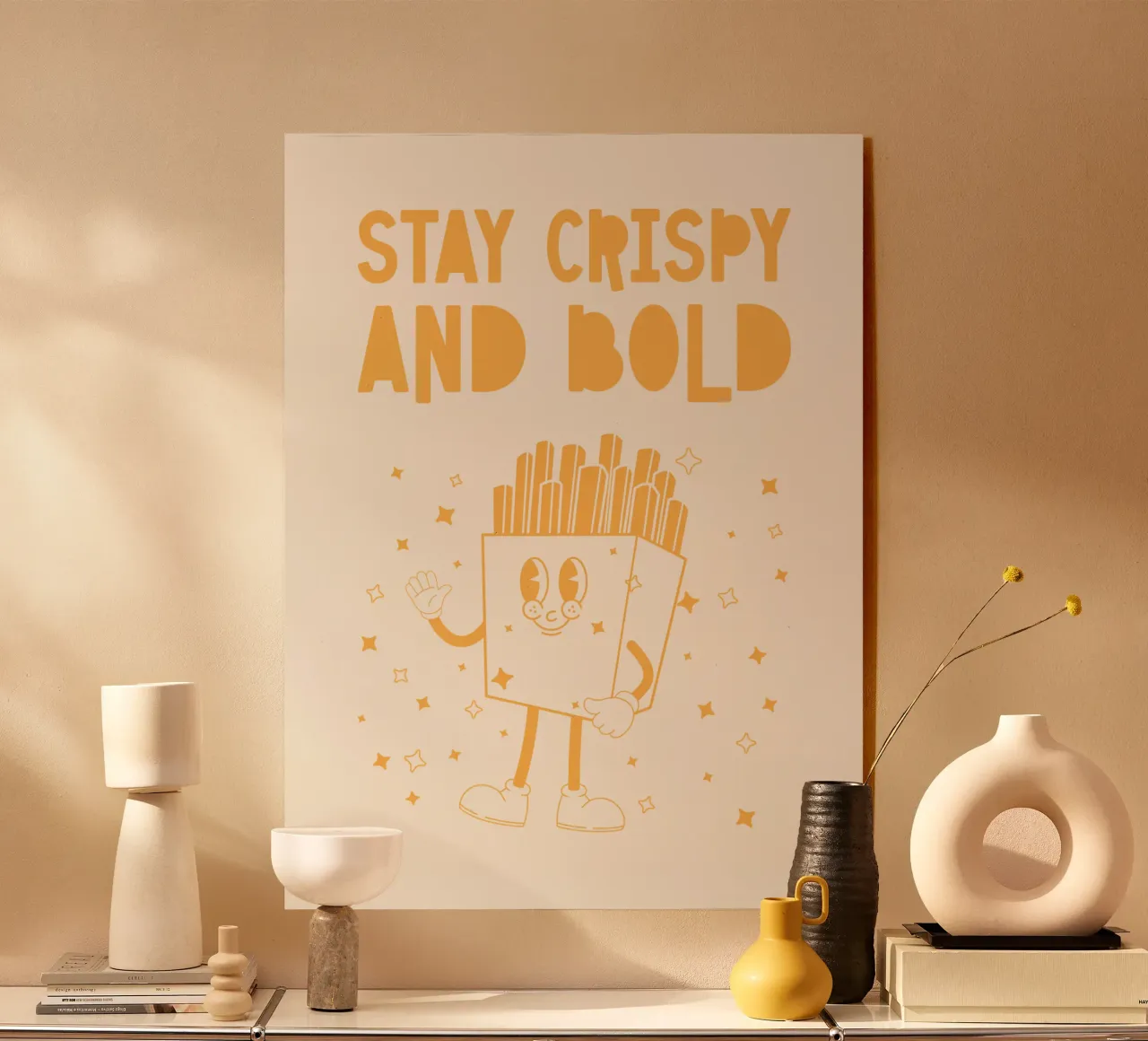 Retro Pommes Caractère Stay Crispy And Bold Jaune Blanc plexiglas de Studio Frances M
