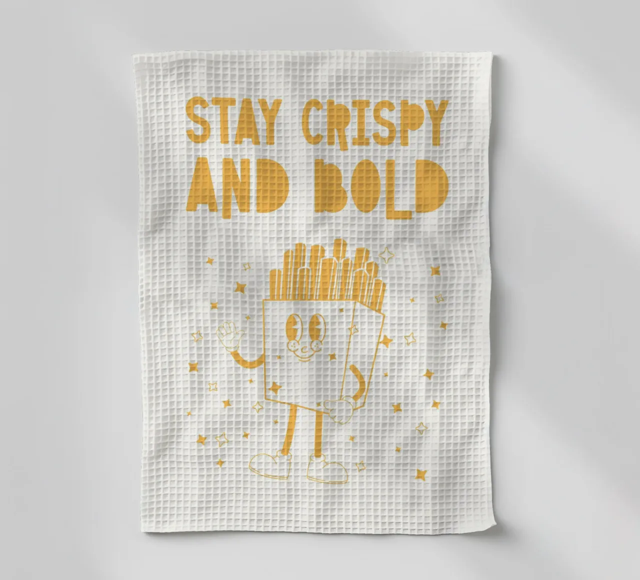 Retro Pommes Caractère Stay Crispy And Bold Jaune Blanc torchon de Studio Frances M