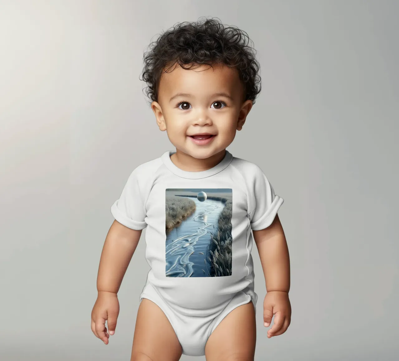 Paesaggio onirico sereno: Il riflesso di una sfera d'argento body neonato maniche corte da Artistic-shop