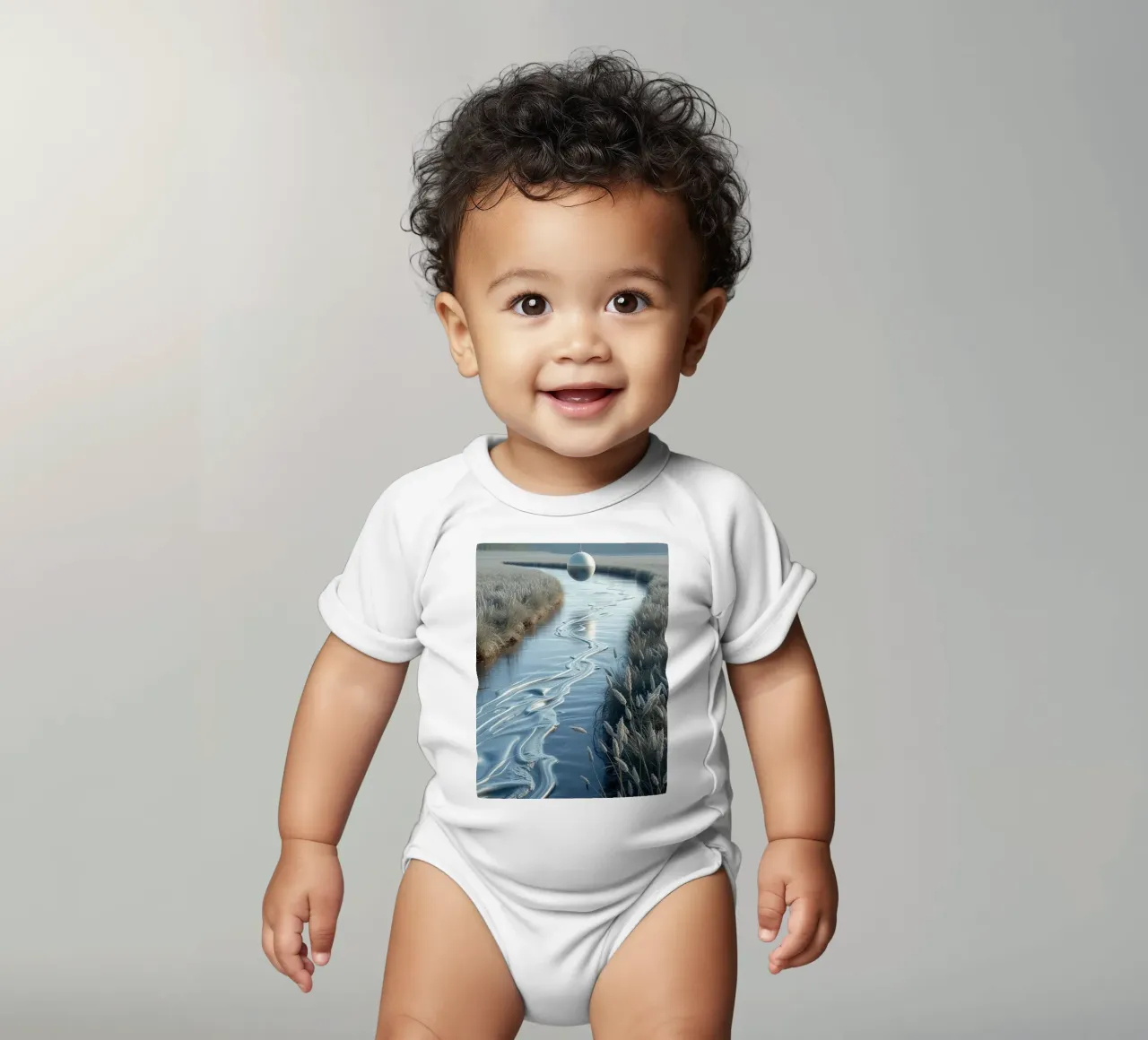 Paesaggio onirico sereno: Il riflesso di una sfera d'argento body neonato maniche corte da Artistic-shop