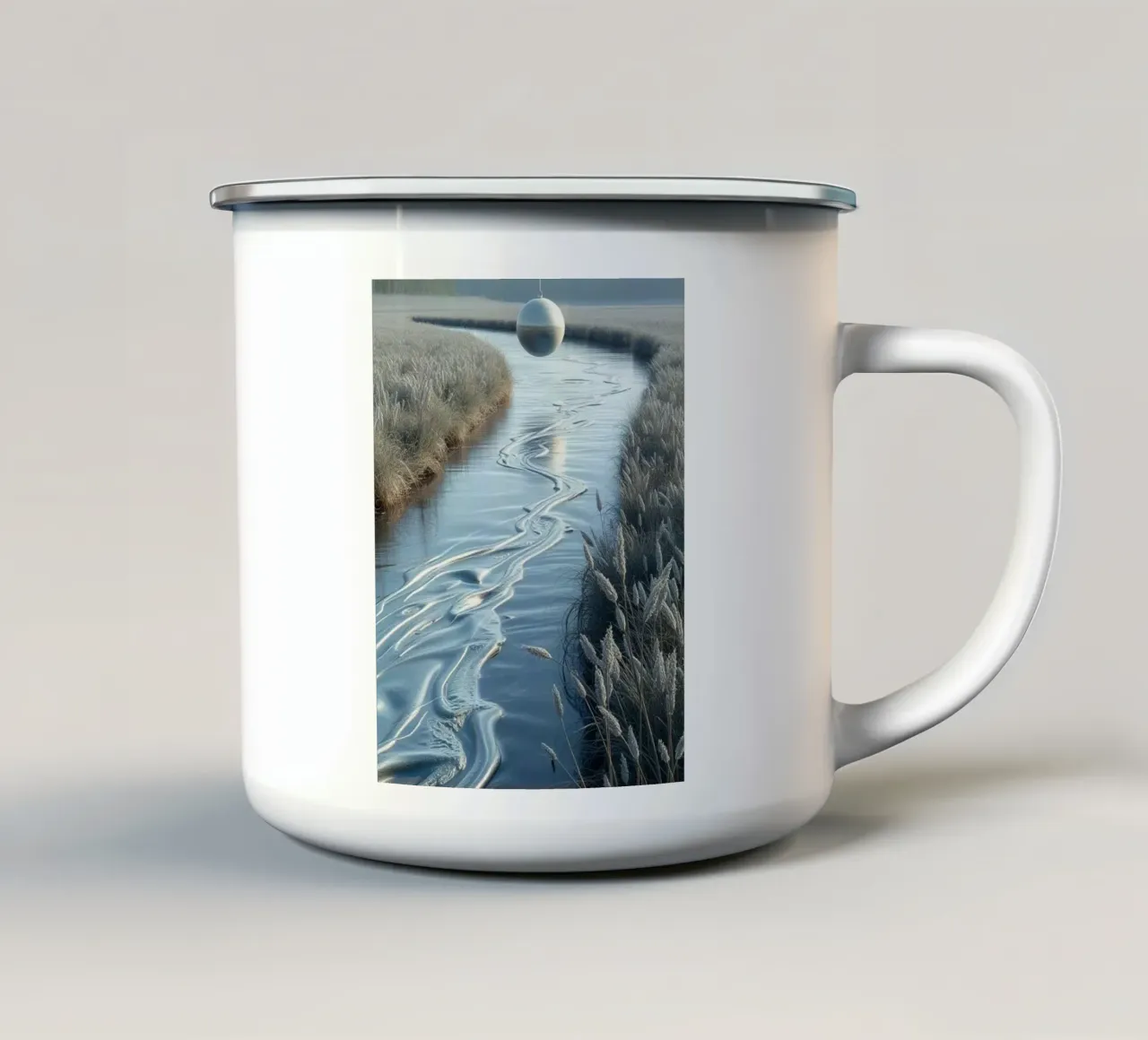 Paesaggio onirico sereno: Il riflesso di una sfera d'argento tazza in smalto da Artistic-shop
