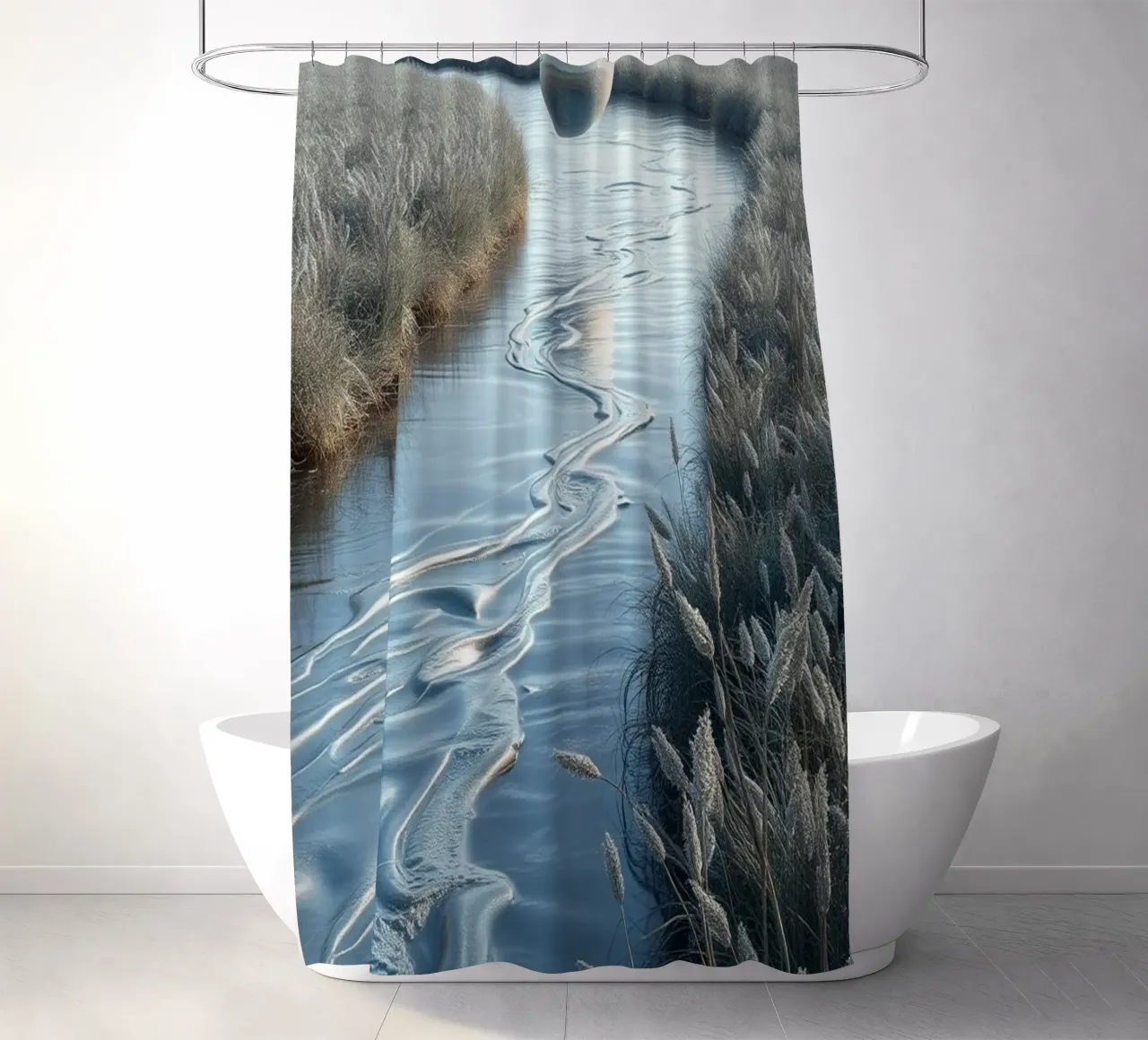 Paesaggio onirico sereno: Il riflesso di una sfera d'argento tenda da doccia da Artistic-shop