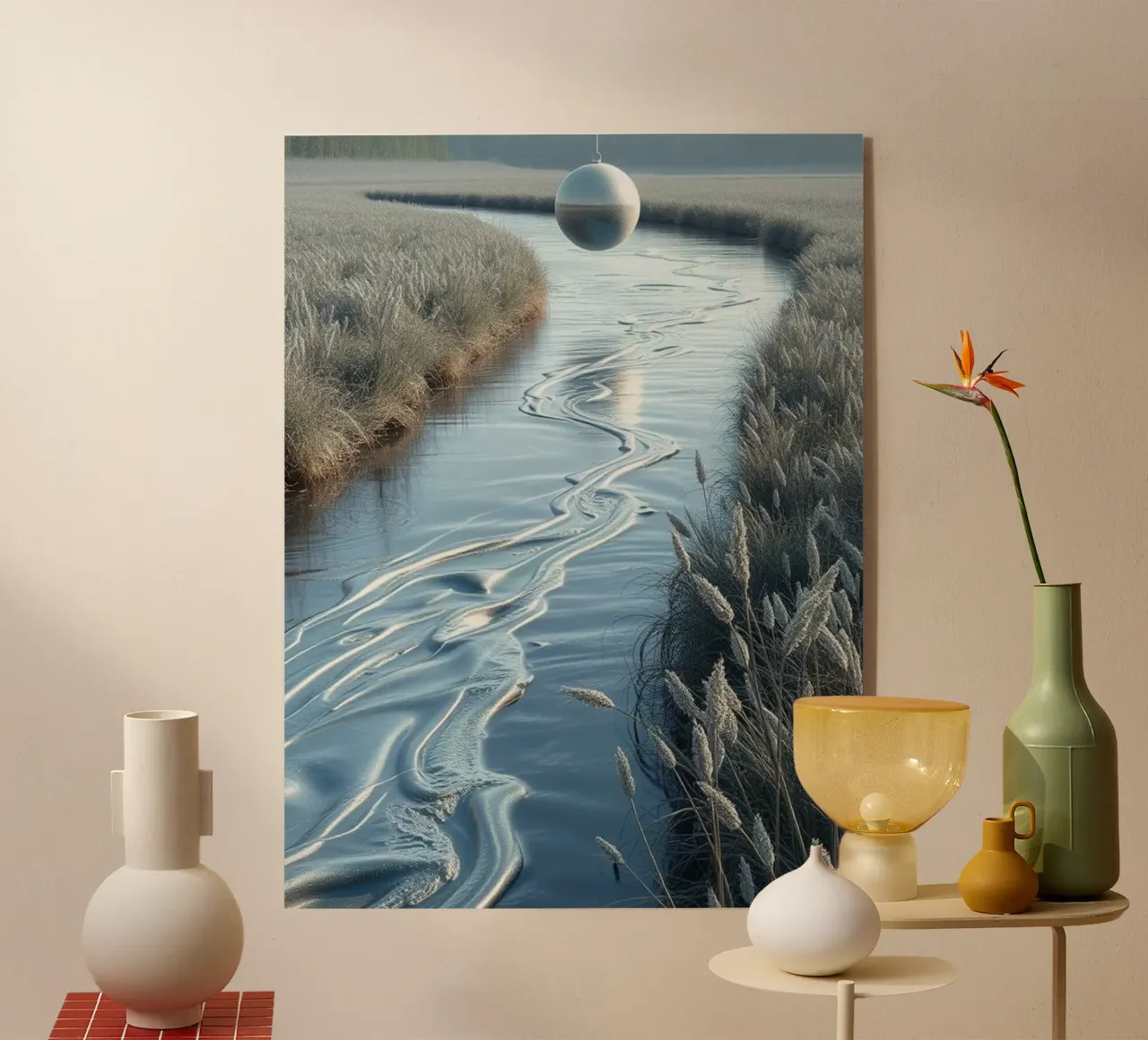 Gelassene Traumlandschaft: Die Reflexion einer Silberkugel Acryl-Glas von Artistic-shop