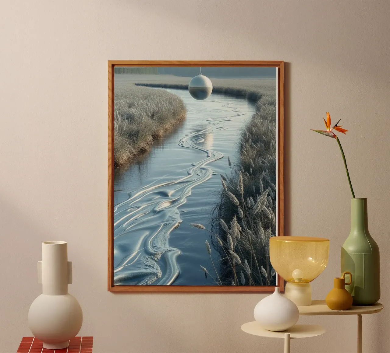 Paesaggio onirico sereno: Il riflesso di una sfera d'argento alluminio dibond da Artistic-shop